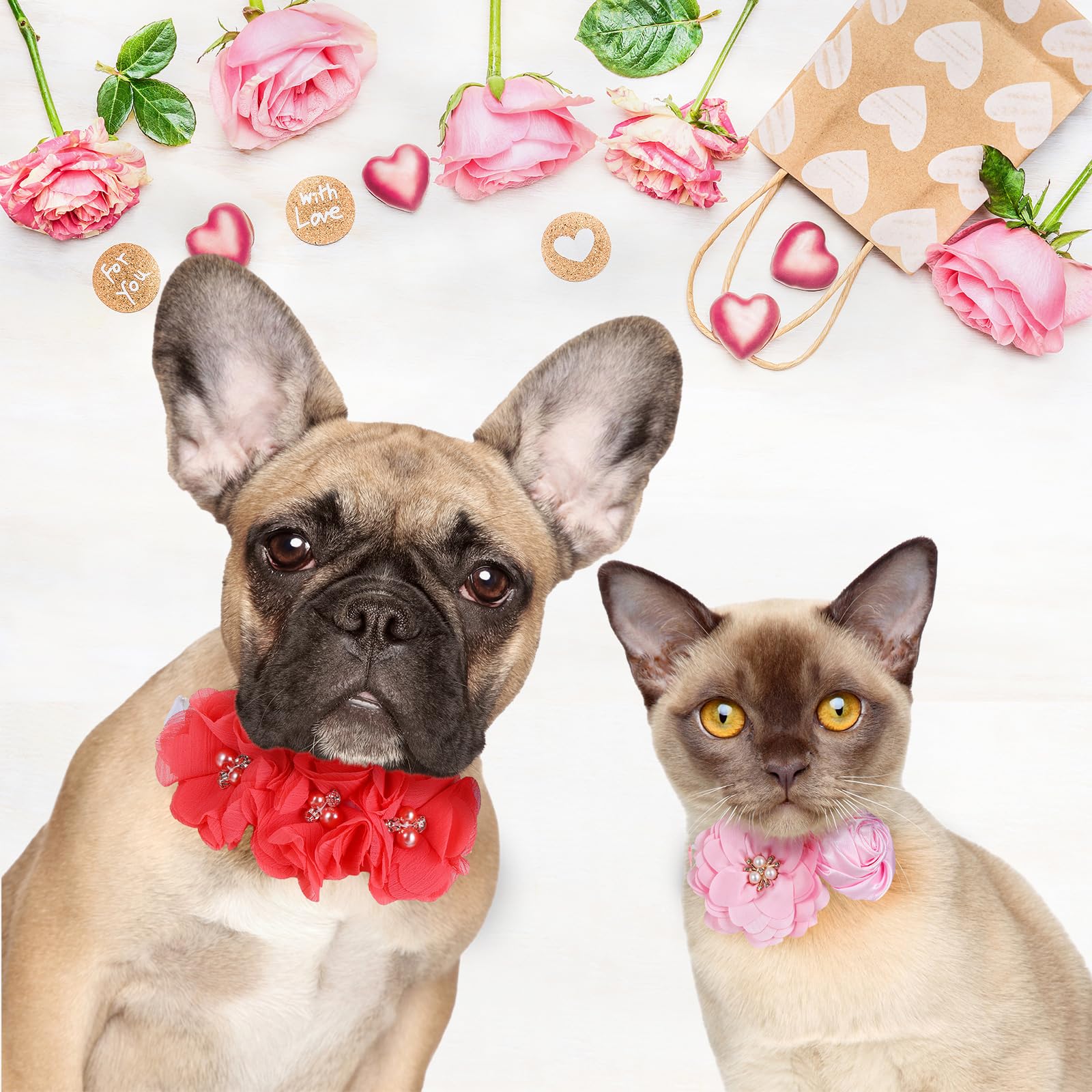Abbylike 100 Stück Valentinstags-Hundehalsband, Blumen, Schleifen, Hundepflege-Halsband, verstellbar, Haustier-Fliege, Katzen-Hundehalsband, Befestigung mit Blume für Valentinstag, Hochzeit,