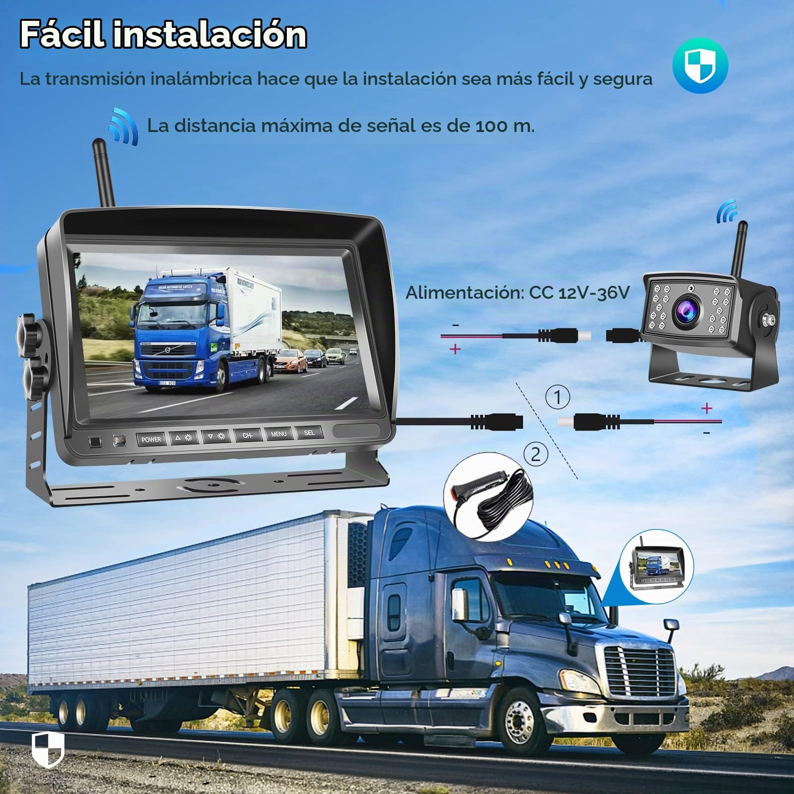 Hodozzy Camara Marcha Atras Inalámbrica Digitales DVR Monitor IPS 7 Pulgadas AHD 2 Cámaras con SD 64GB, Cámara de Visión Delantera/Trasera Cámara Inalámbrica de Visión Nocturna Impermeable 12V-36V