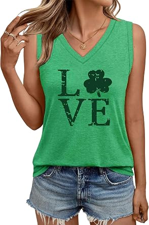 QAUN St Patricks Day Tank Tops for Women Lucky Charms Shirt Shamrock Tshirts Irish Sleeveless Tees