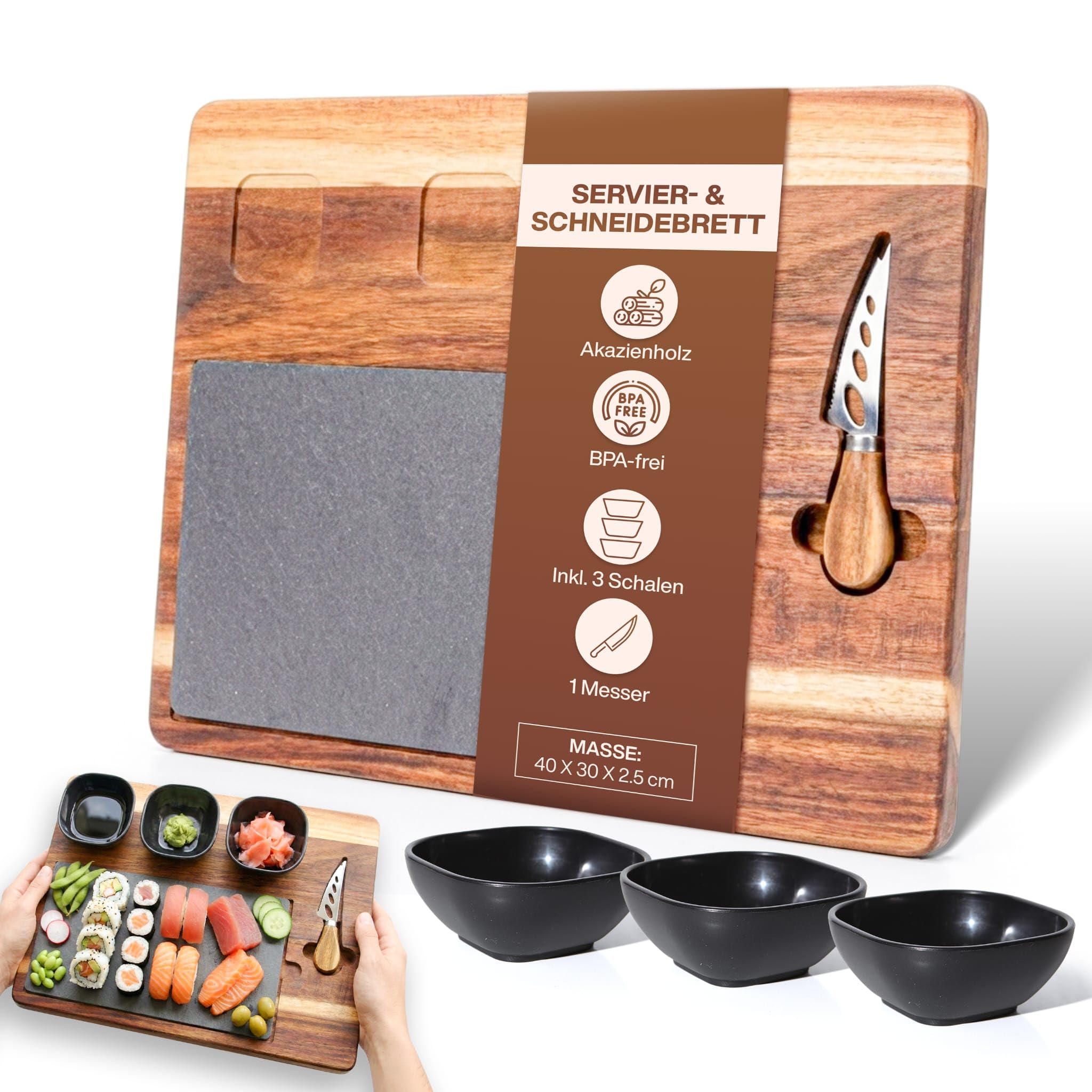Servierbrett Set PERSONALISIERBAR mit Schieferplatte – Große Antipasti Platte aus Akazienholz inkl. Käsemesser & 3 Schalen – Servierplatte für Käse, Sushi, Tapas & Grill – Käseplatte 40x30 cm