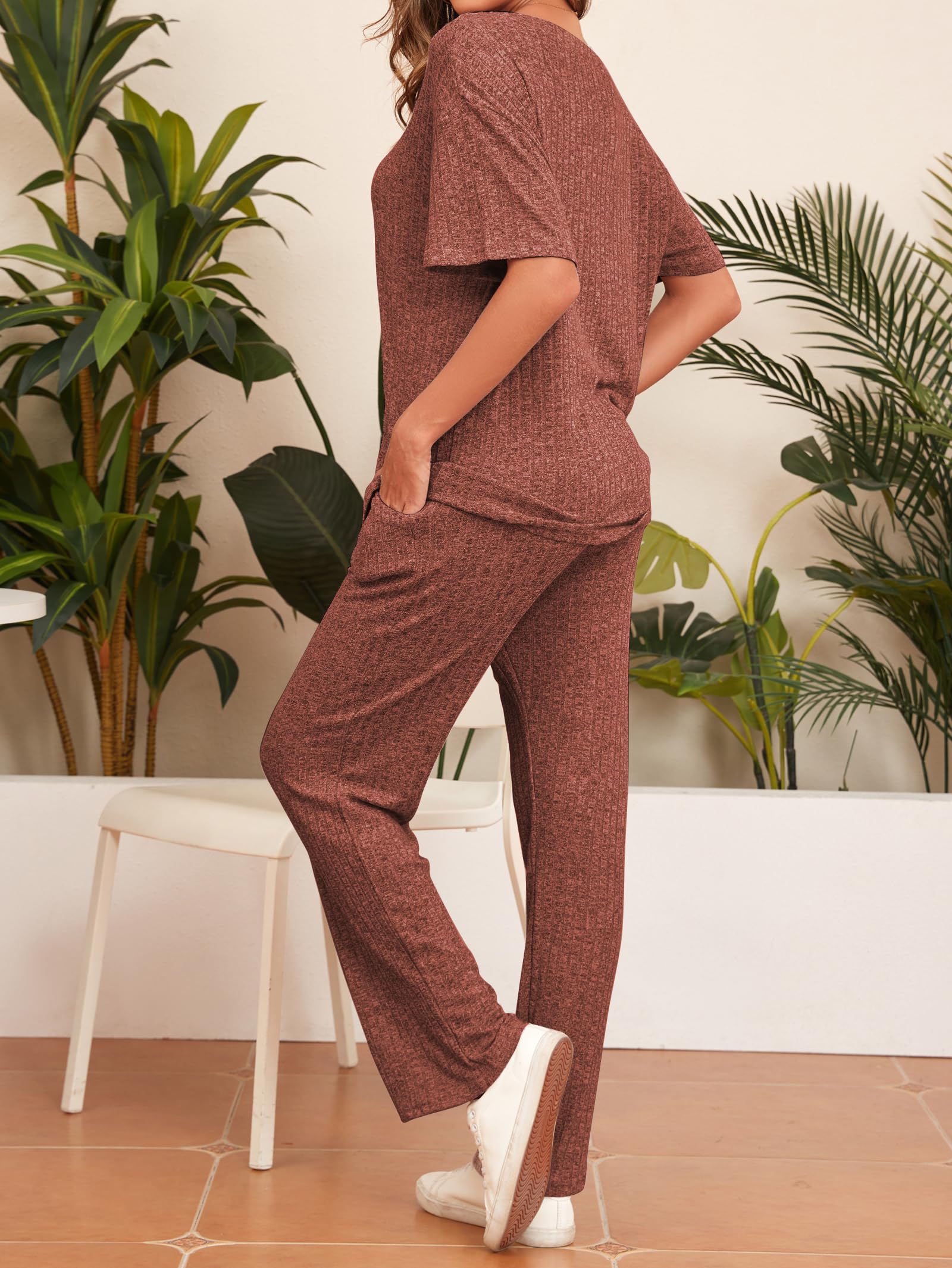 Famulily Schlafanzüge für Damen Sommer Kurzarm Loungewear Hausanzug Weites Bein Freizeitanzug Zweiteiler Set Outfit mit Taschen