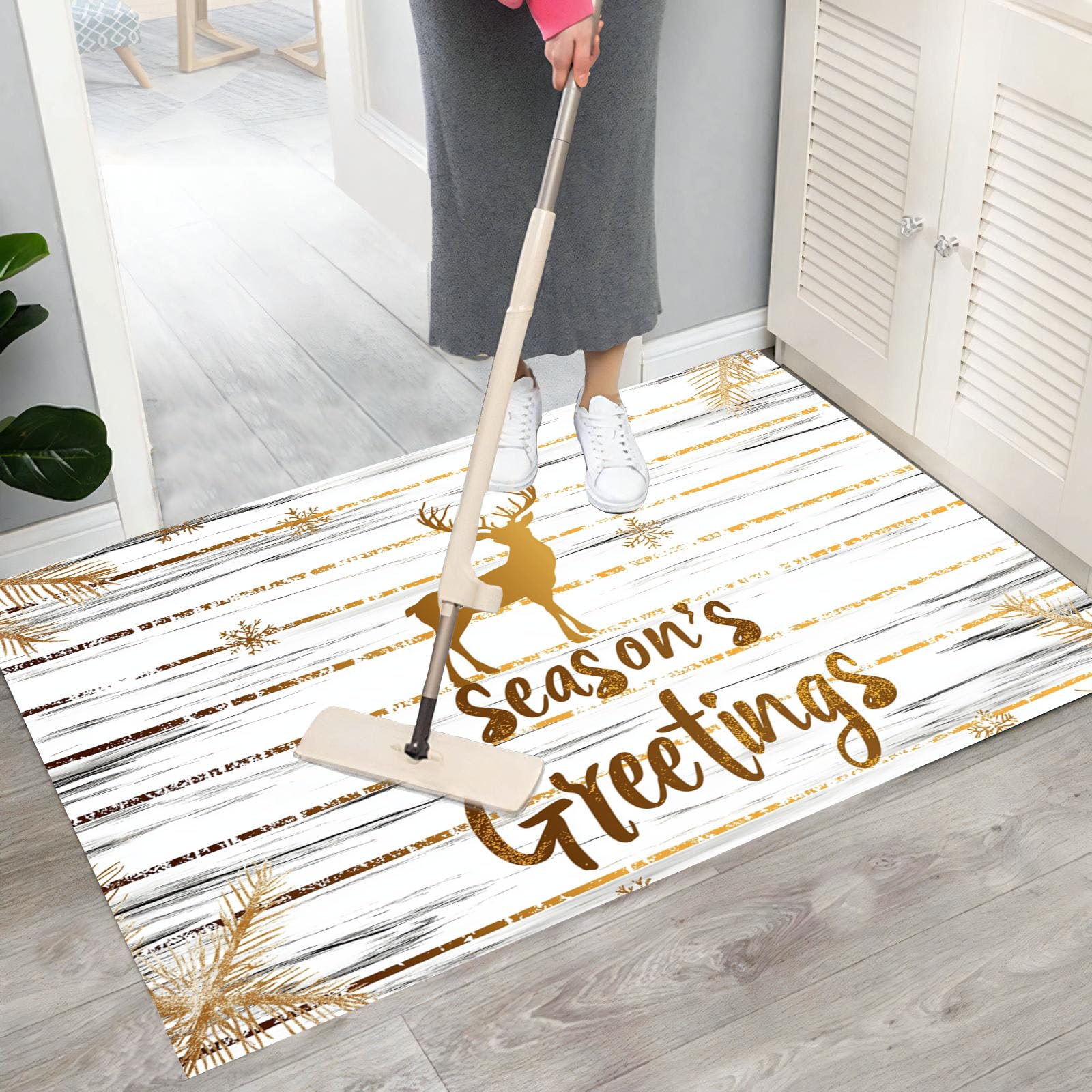 Tapetes Lavables Para Interiores Pequeños, Reno Navideño Con Lámina Dorada, Veta Madera Sencilla, Suave Antideslizante, Felpudo De Pelo Corto Para Entrada Pasillo Dormitorio (Oro Blanco, 80X120Cm)
