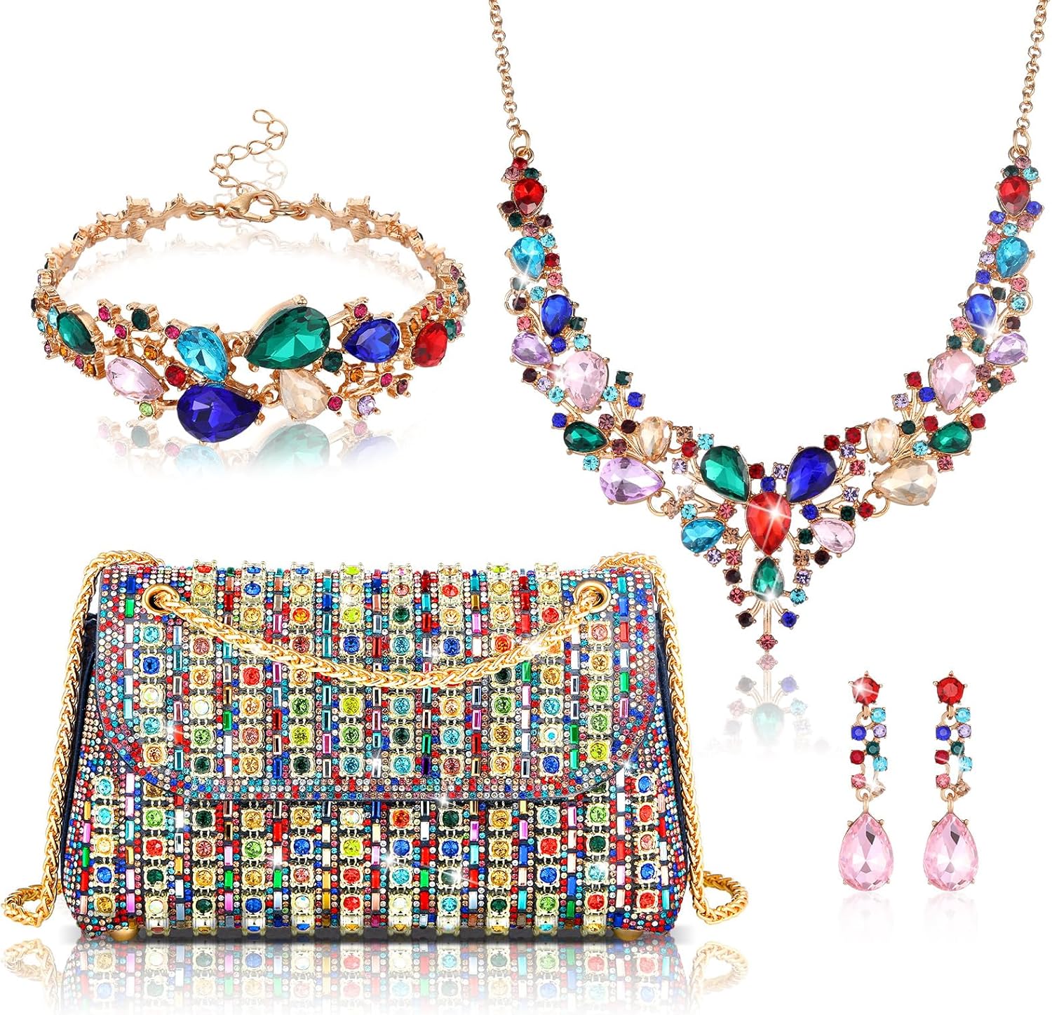 Quelay ​​​​4 Pcs Purse Rhinestone Jewelry Set for Wedding Bridal Women Handbag with Necklace Bracelet Dangle Earrings