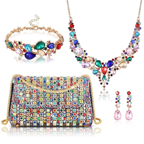 Quelay ​​​​4 Pcs Purse Rhinestone Jewelry Set for Wedding Bridal