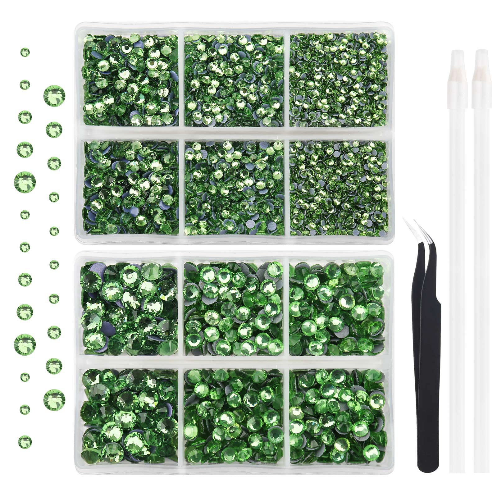 7000 Pieces Hotfix Rhinestones, Hot Fix Glass Flatback Rhinestones with Tweezer & Wax Pen Included, Iron On Rhinestones Round Crystal Gems for DIY Crafts (Peridot, SS 6 10 16 20 30)