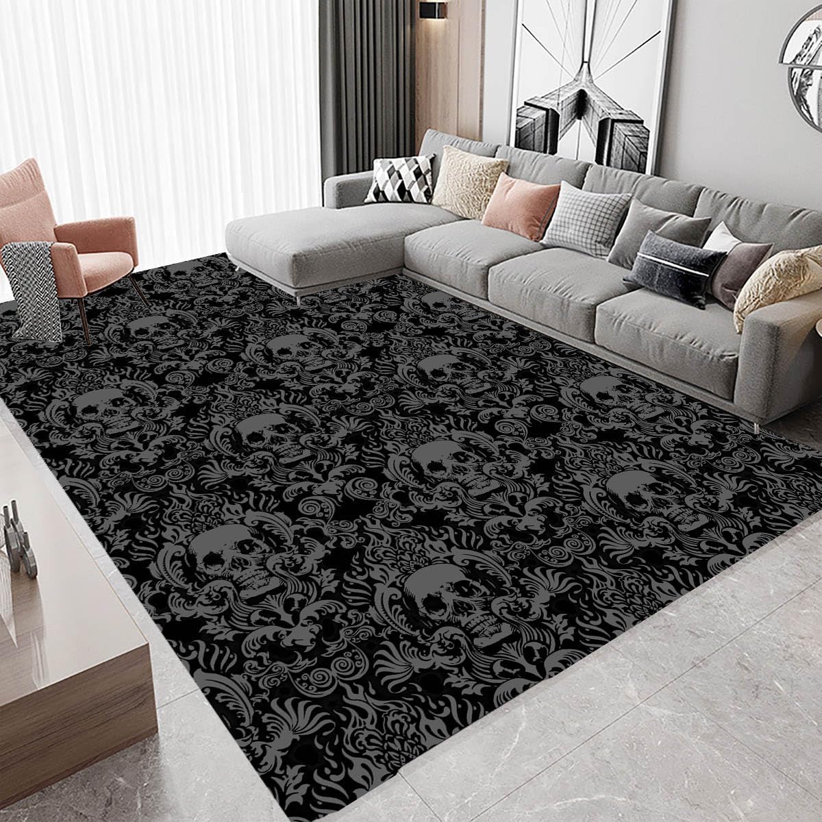 Vintage Black Gothic Skull Area Rugs Halloween Rug Black and Grey Rugs Fun Carpet Cool Rugs Horror Runner Rug Floor Mat Doormat Goth Room Decor for Hallway Living Room Bedroom 5'x7'