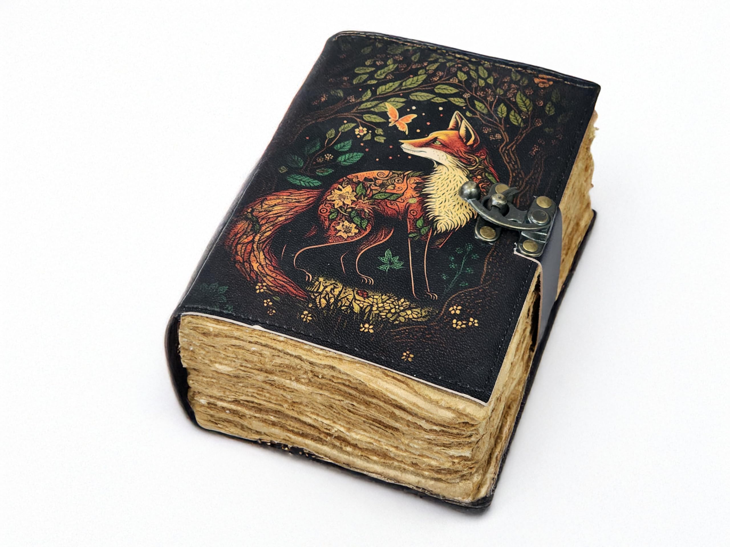 Fox Print Leather Journal Grimoire Notebook Book of Shadow Travel Notebook Vintage Deckle Paper Sketchbook (7 x 5 x1.2)