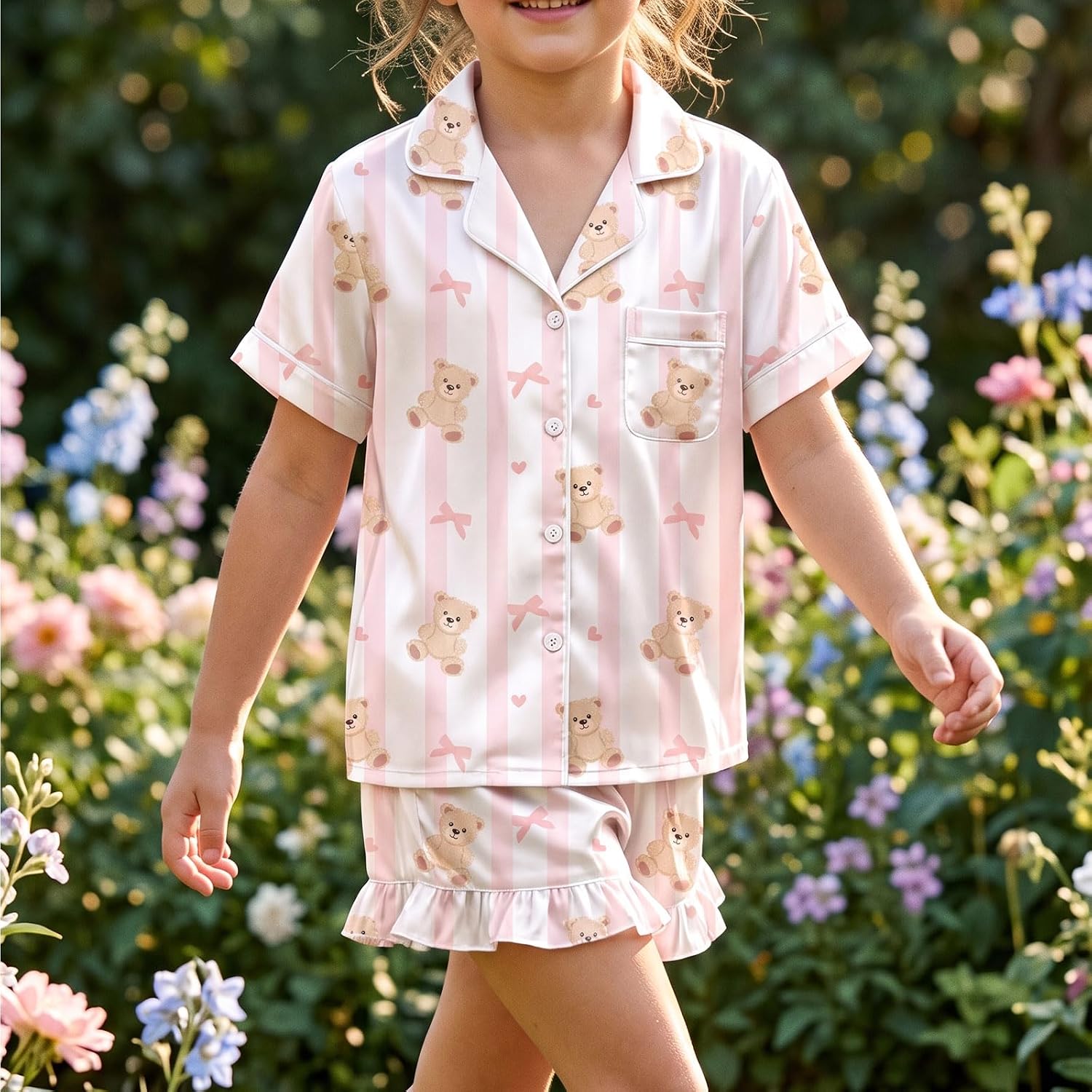 Girls Pajama Set Silk Satin Sleepwear 3 Piece Lounge Sets Ruffle Nightwear Button-Down PJs for Ages 5-14 image 2