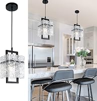 IKK Black Crystal Pendant Light Kitchen Island Chandelier - Luxury Water Ripple Glass, Modern Adjustable E12 Fixture 7x7x12in
