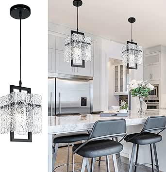 IKK Black Crystal Pendant Light for Kitchen Island, Water Ripple Glass Chandelier, Modern Adjustable Lighting for Dining Room and Bedroom