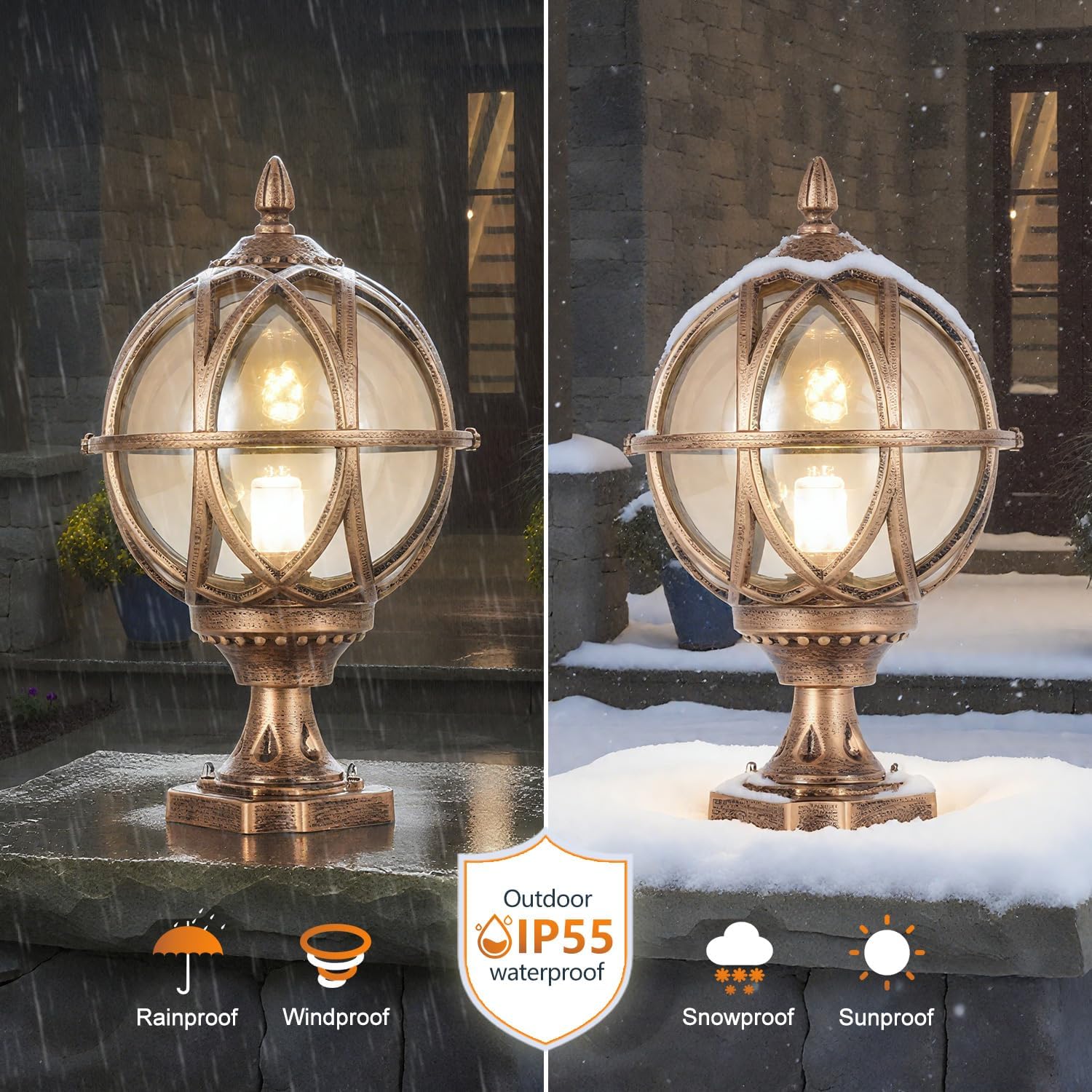 Outdoor Post Light Fixture, E26 Base 60W Max Column Lights with Bronze Aluminum Housing Plus Amber Glass IP55 Waterproof Exterior Pillar Lantern for Driveway Yard Lawn Patio Garden