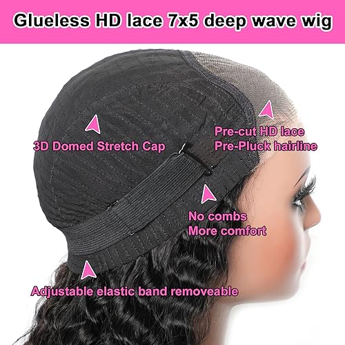 Miniatura 5 de Pelucas de cabello humano sin pegamento de 22 pulgadas, sin pegamento, adiós a los nudos, onda profunda HD 7 x 5 sin pegamento, peluca sin