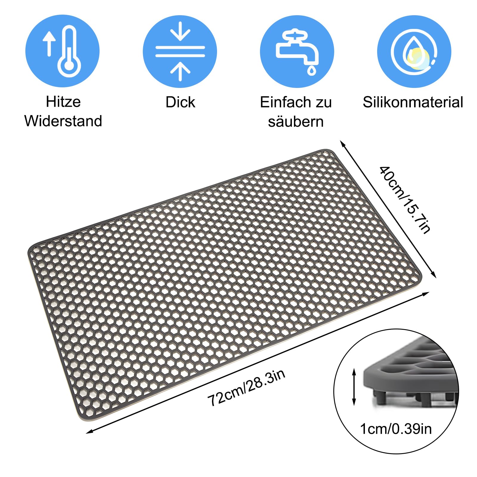 Tappetino per lavello in silicone, 72 x 40 cm, resistente al calore e antiscivolo, per lavello da cucina, lavandino, balcone