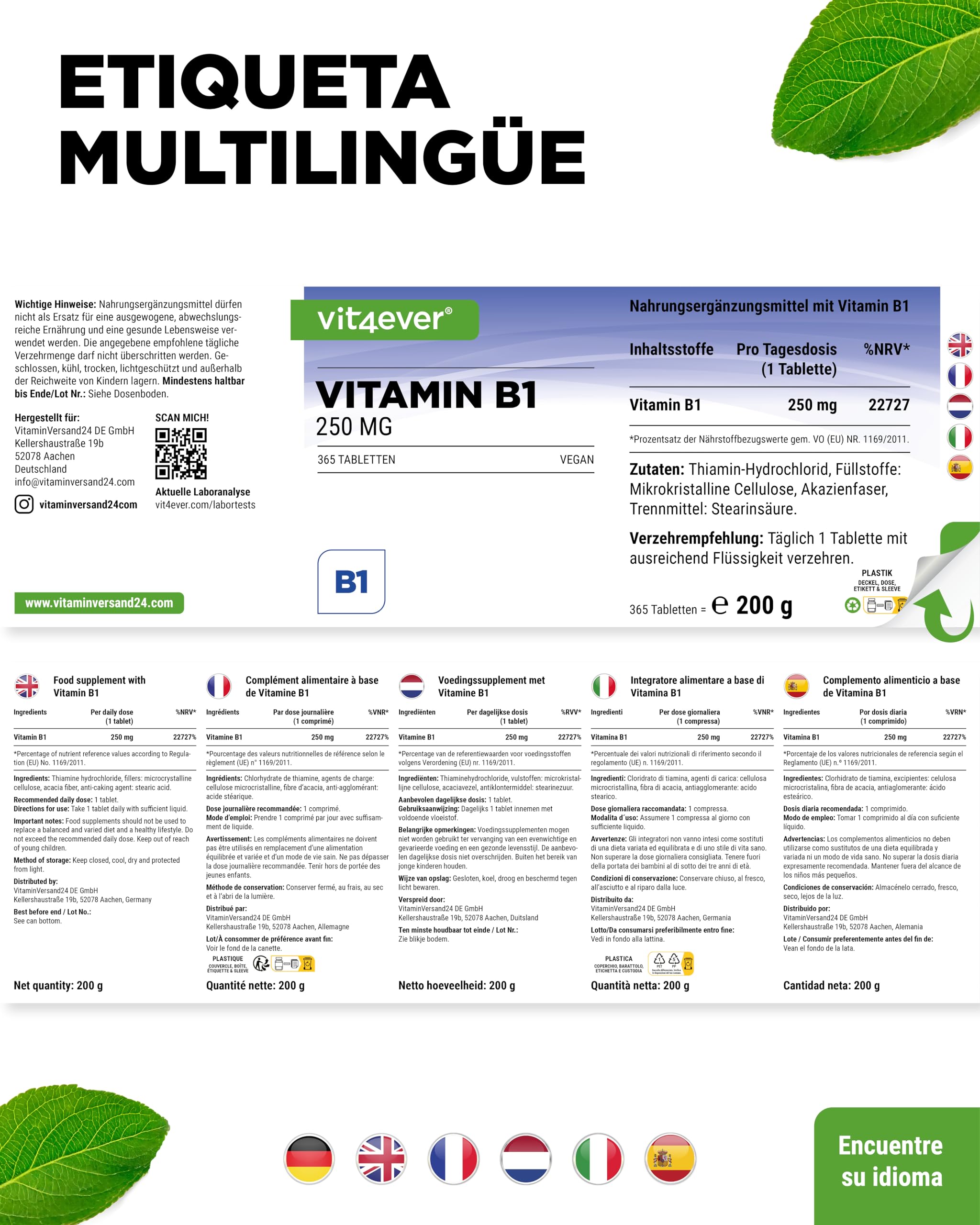 Vitamina B1 (Tiamina) - 250 mg - 365 Comprimidos - Premium: Clorhidrato de Tiamina - Alta biodisponibilidad - Suministro para 12 meses - Sin aditivos no deseados - Vegano