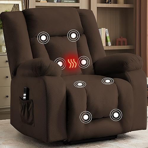 Oversized Dual Motor Power Lift Recliner for Adults, Electric Lift Chair with Heating and Massage, Waffle Fabric Electric Recliner Chair with Side Pockets, Wide Recliner for Living Room