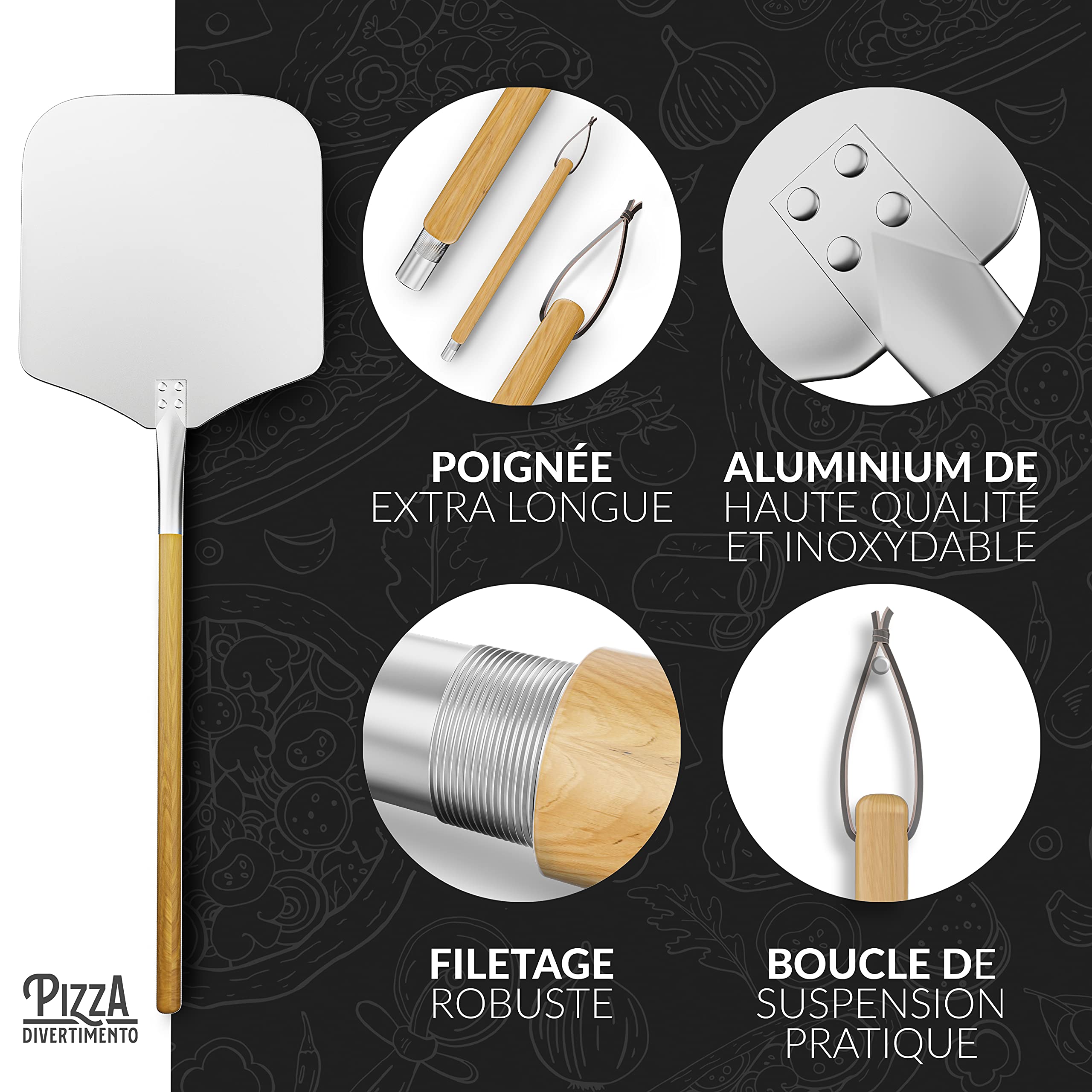 Pizza Divertimento Pierre à pizza pour four - Avec pelle à pizza en bois - Pierre pizza en cordiérite - Pour une base croustillante et une juteuse