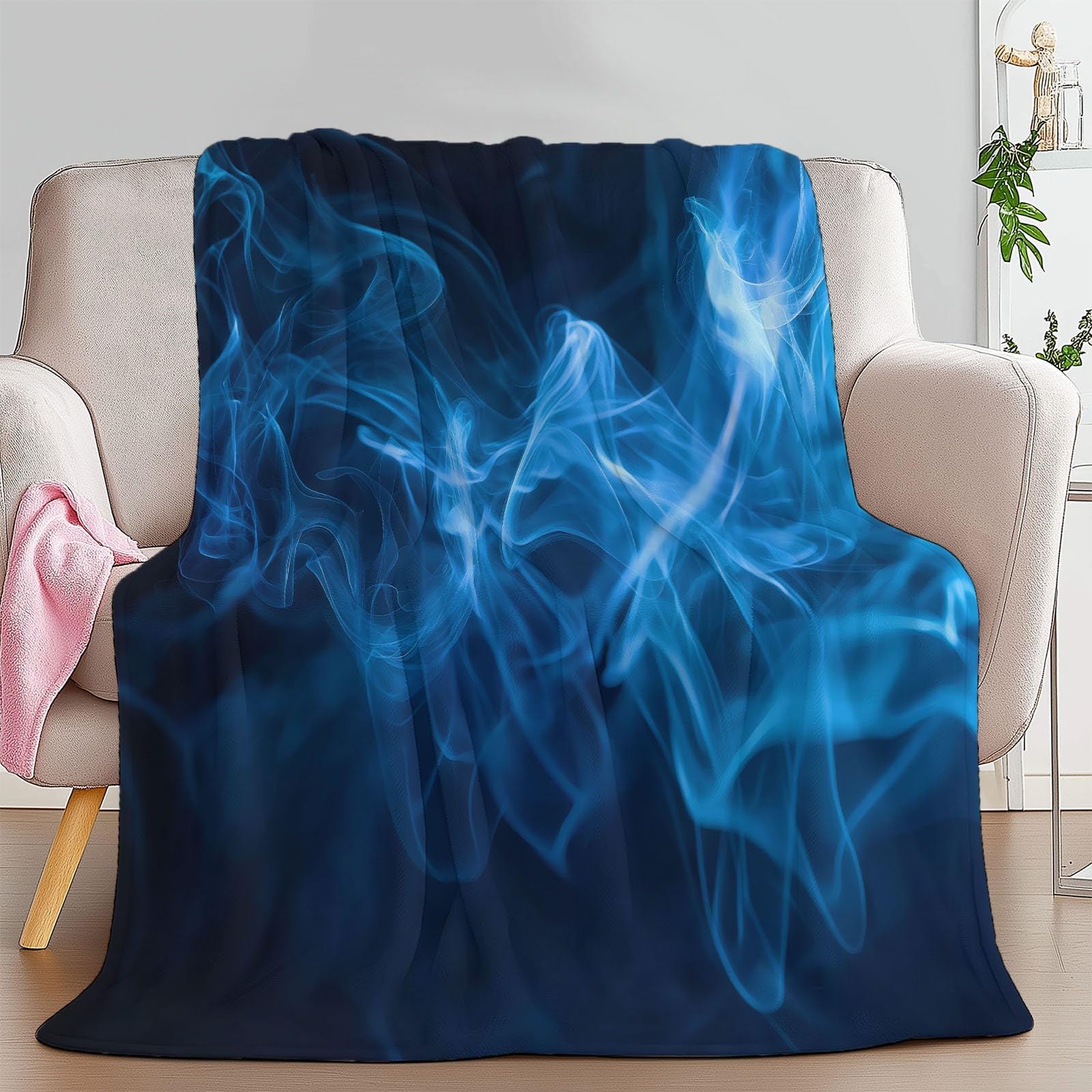 Generico Abstrakcyjny niebieski dym polarowy koc w kratę 180 x 220 cm koc z nadrukiem 3D, ciepły zimowy na sofę i łóżko z miękkiego flanelowego polaru, koc polarowy na sofę i kanapę