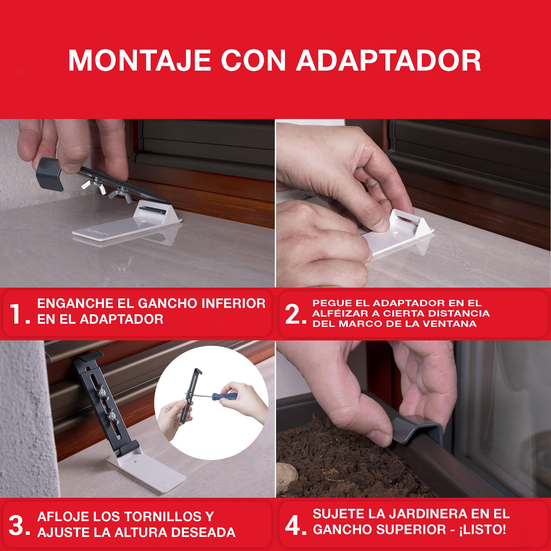 LouMaxx Juego de 4 soportes para ventana sin taladrar para alféizar de ventana, color antracita, resistente, altura ajustable, incluye adaptadores y bombas de semillas