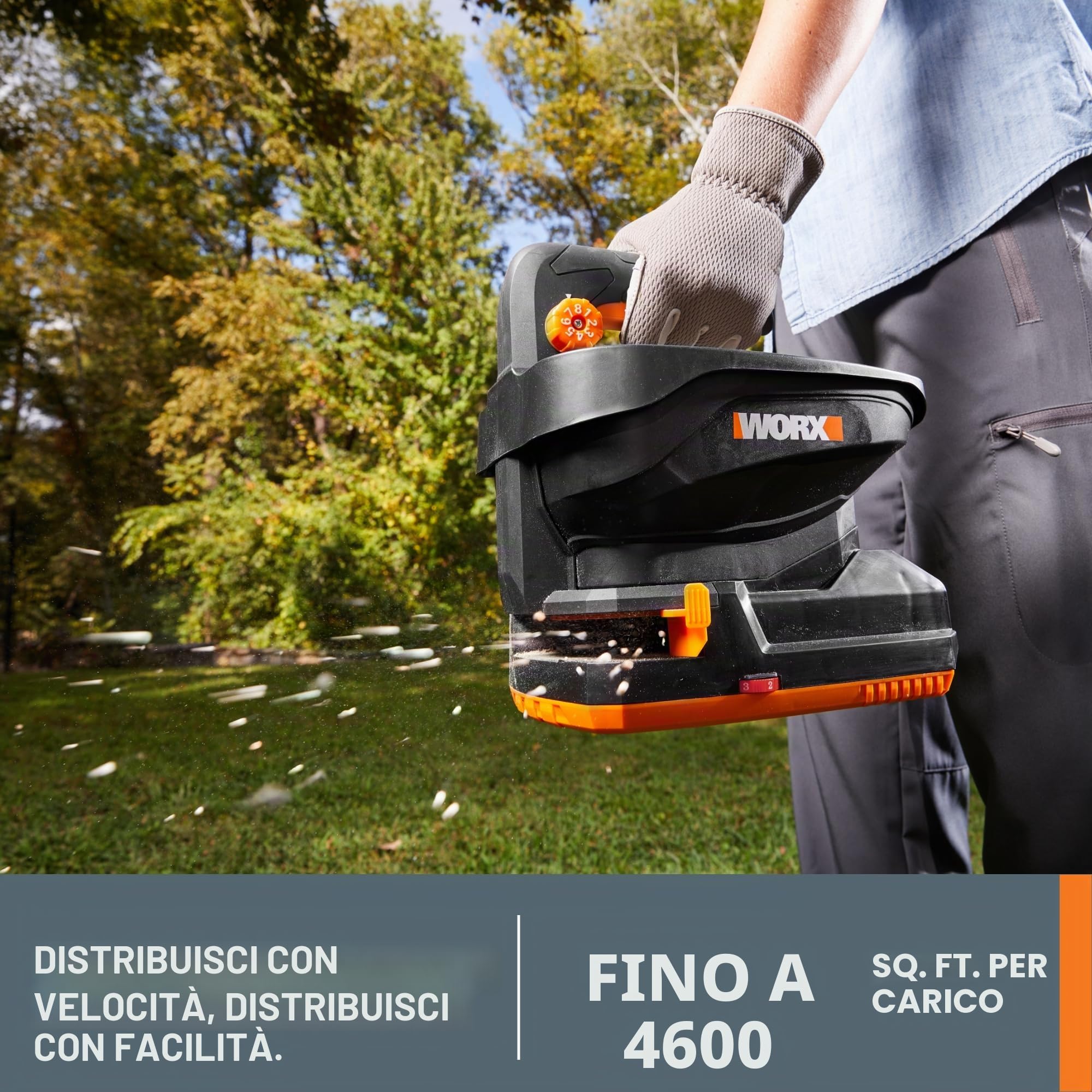 WORX - Spargiseminatrici senza fili 20V 6 velocità 1,5 m di distanza max, spandiconcime con 8 impostazioni di flusso, spargitore a broadcast più facile da usare rispetto agli spandiconcime manuali per