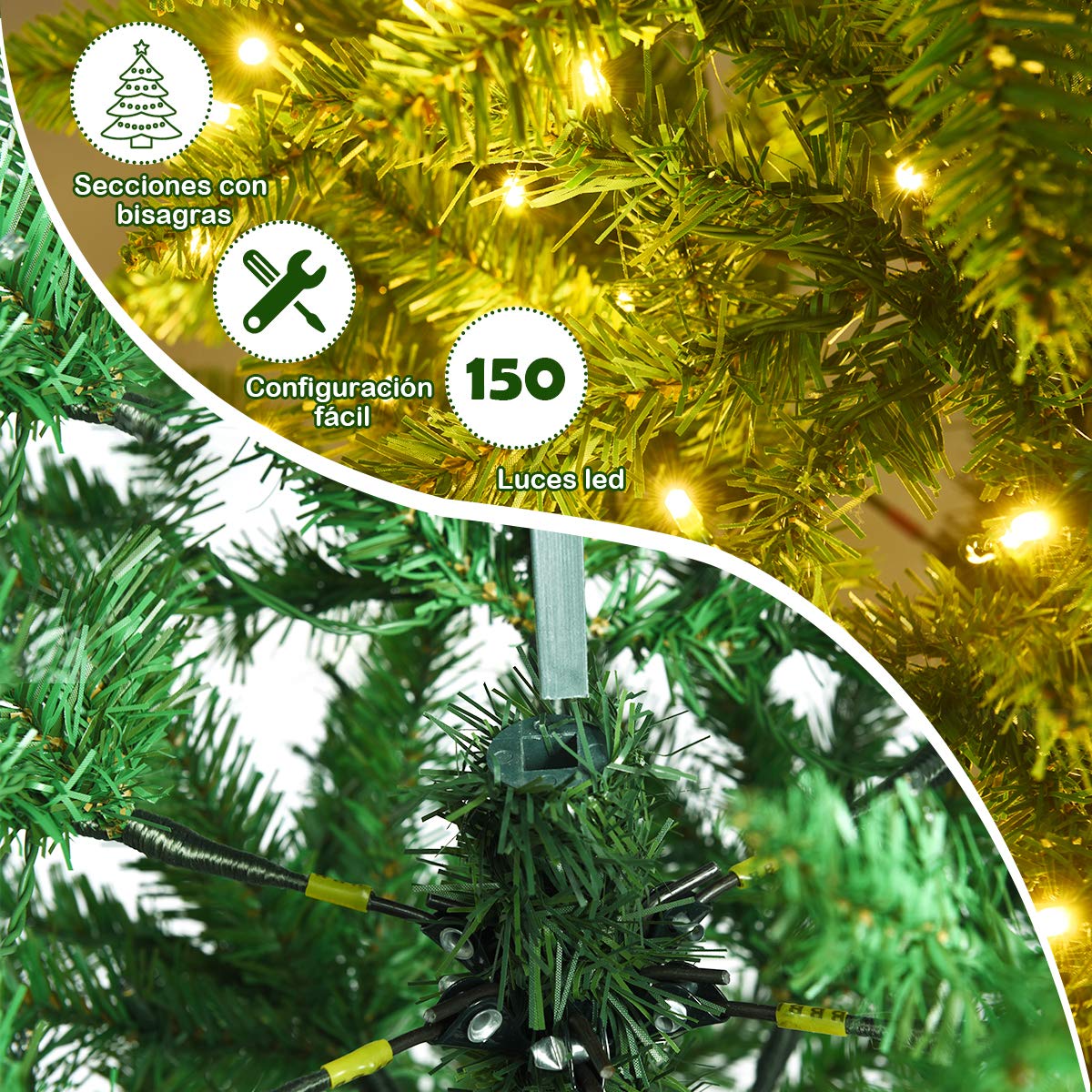 COSTWAY Árbol de Navidad 150cm Verde, Arbol de Navidad con Luces Incorporadas, 150 Luces LED de Blanco Cálido, 300 Agujas de PVC, Árbol de Navidad Slim/Estrecho, Soporte de Metal (150cm)