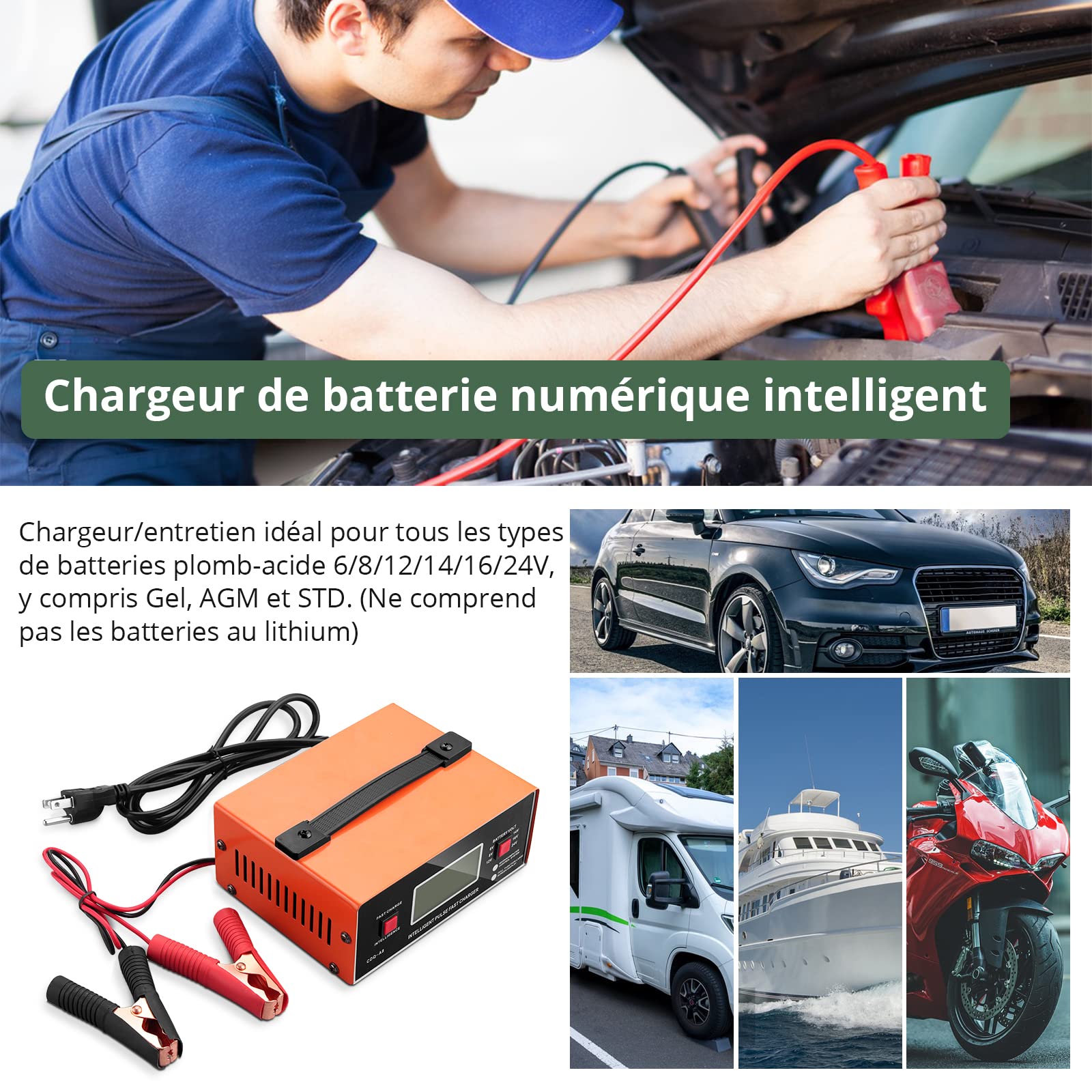 EYPINS Chargeur de batterie de voiture, 6 V/8 V/12 V/16 V/24 V, intelligent, universel, entièrement automatique, avec écran, chargeur d'entretien 0-10 A, pour batteries gel, AGM, STD/plomb-acide