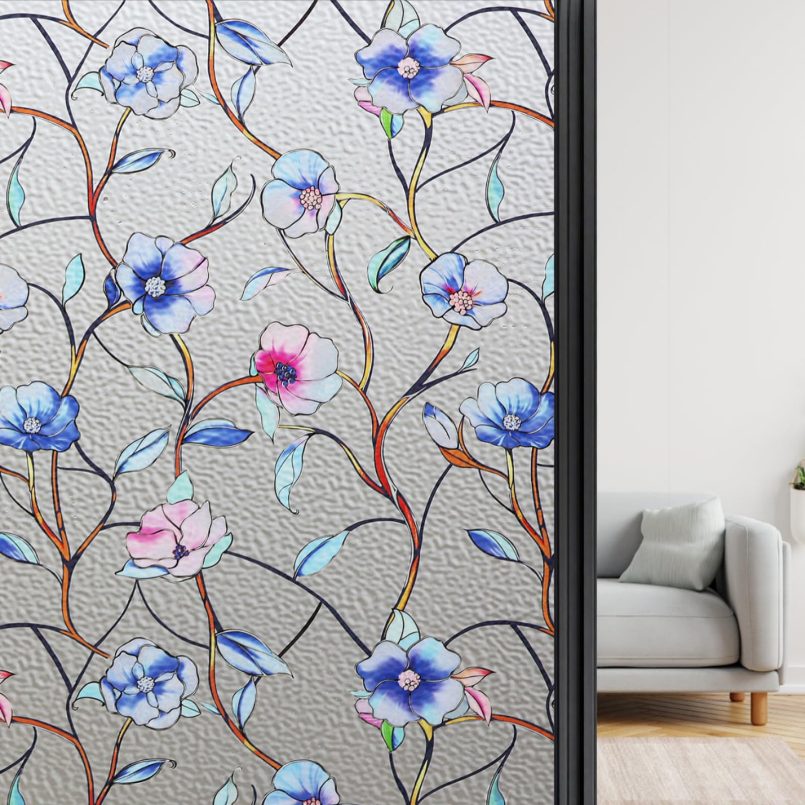 ConCus-T Blue Pink Flower Window Film Privacy Static Cling, 90 X 200 CM