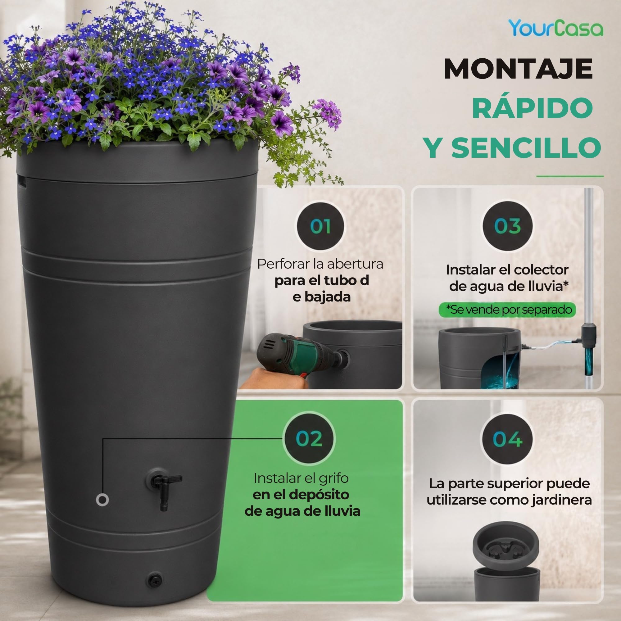 YourCasa Deposito Agua 230 litros [diseño Decore] Barril de Lluvia Resistente a Las heladas de plástico – bidon Agua de Lluvia con Grifo – depósito de Agua para jardín (Antracita)