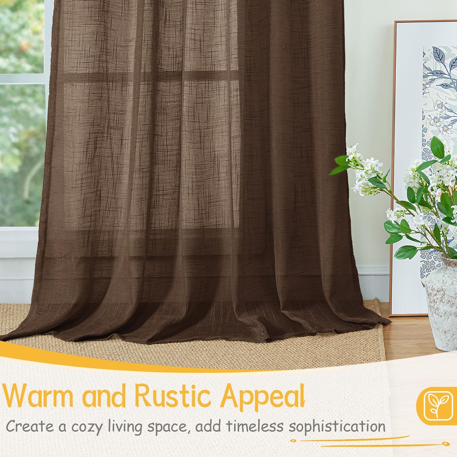 YoungsTex Brown Linen Curtains 84 Inch Length for Living Room - Chocolate Light Filtering Drapes Semi Sheer with Rod Pocket Back Tab for Bedroom, 2 Panels, 52 X 84 Inch