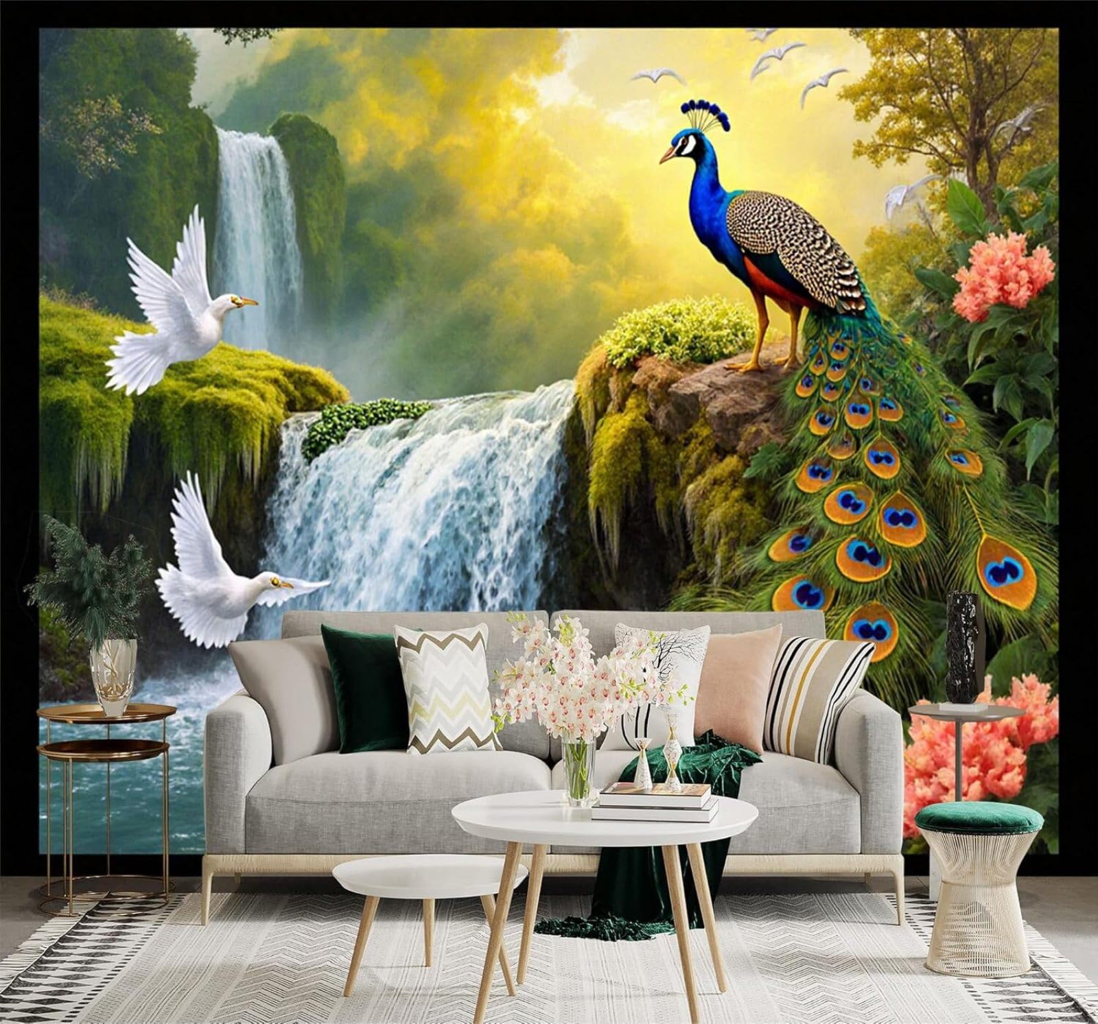 Xlming 350Cm×256Cm(B×H) Waterfall Peacock Flying White Birds Pink Flowers Fairyland 3D Wallpaper Premium Textured Silk Study Dining Living Room Bedroom Sofa Tv Wall Easy Install-350Cm×256Cm