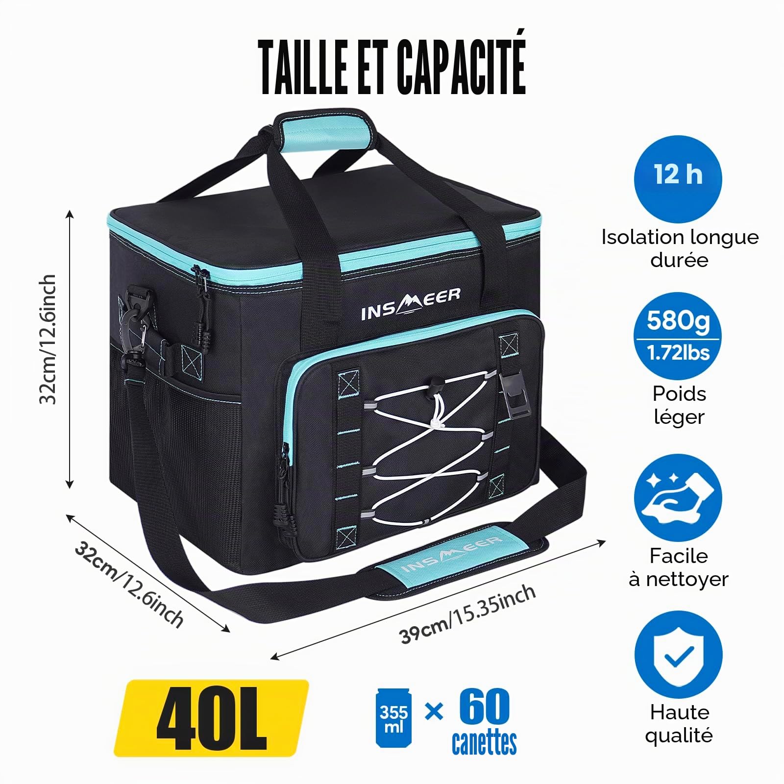 INSMEER Cool Bag 40L/60 Cans Large Cool Bags Insulated,Soft Cooler Leakproof/Portable/Collapsible/Foldable Cooler Bag, with Bottle Opener&Removable Shoulder Strap, for Beach Camping Picnic