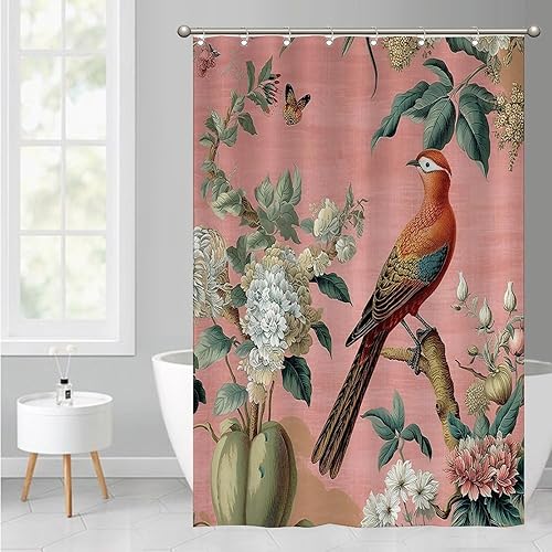 Miniatura 745 de Cortinas de ducha de baño con ganchos, 72 x 92 pulgadas, cortina de ducha de tela impermeable con diseño de flores y pájaros, cortina de ducha