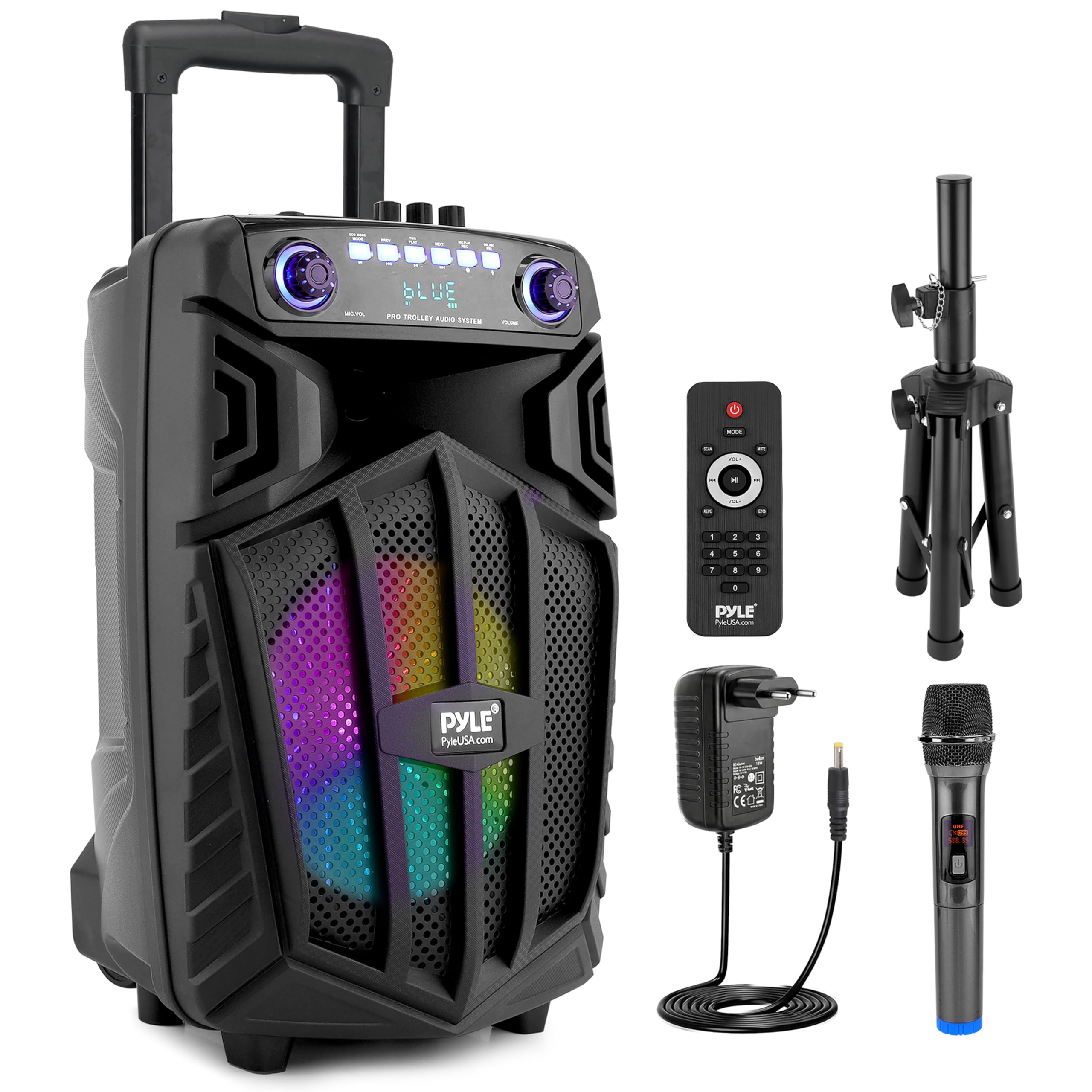 Pyle Cassa Bluetooth Portatile 680W, Altoparlante Bluetooth PA 25cm con Microfono Wireless, Ruote, TWS, Luci, Display LED, Ingresso Mic 6,5mm, FM/AUX/MP3/USB/SD