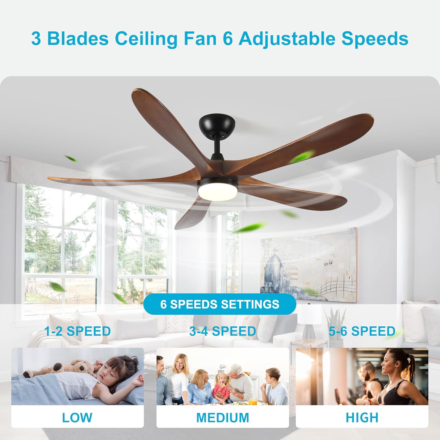 62-Inch Solid Wood with Remote Control with Light (LED) Modern DC DC Motor Indoor/Outdoor 5-Blade Ceiling Fan for Patios, Bedrooms and Farmhouses