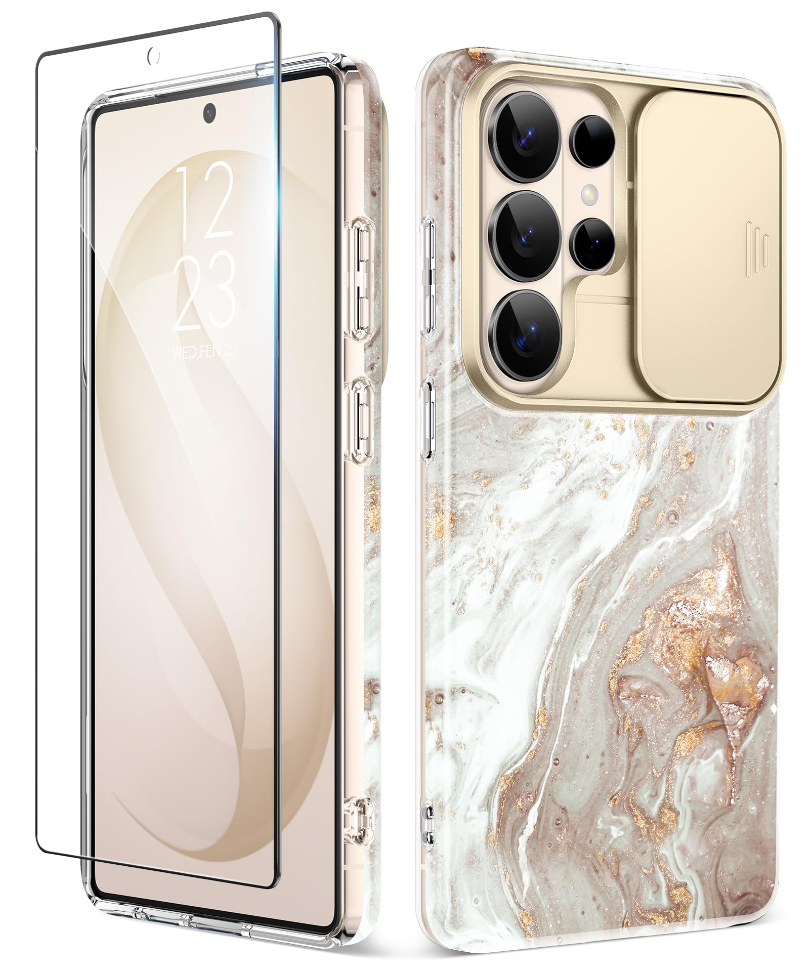 GVIEWIN Kompatibel mit Samsung Galaxy S26 Ultra Hülle mit Schieben Kamera Abdeckung+Displayschutz, [Fallschutz in Militärqualität] Marmor Stoßfest Kratzfest Handyhülle 5G 6,9