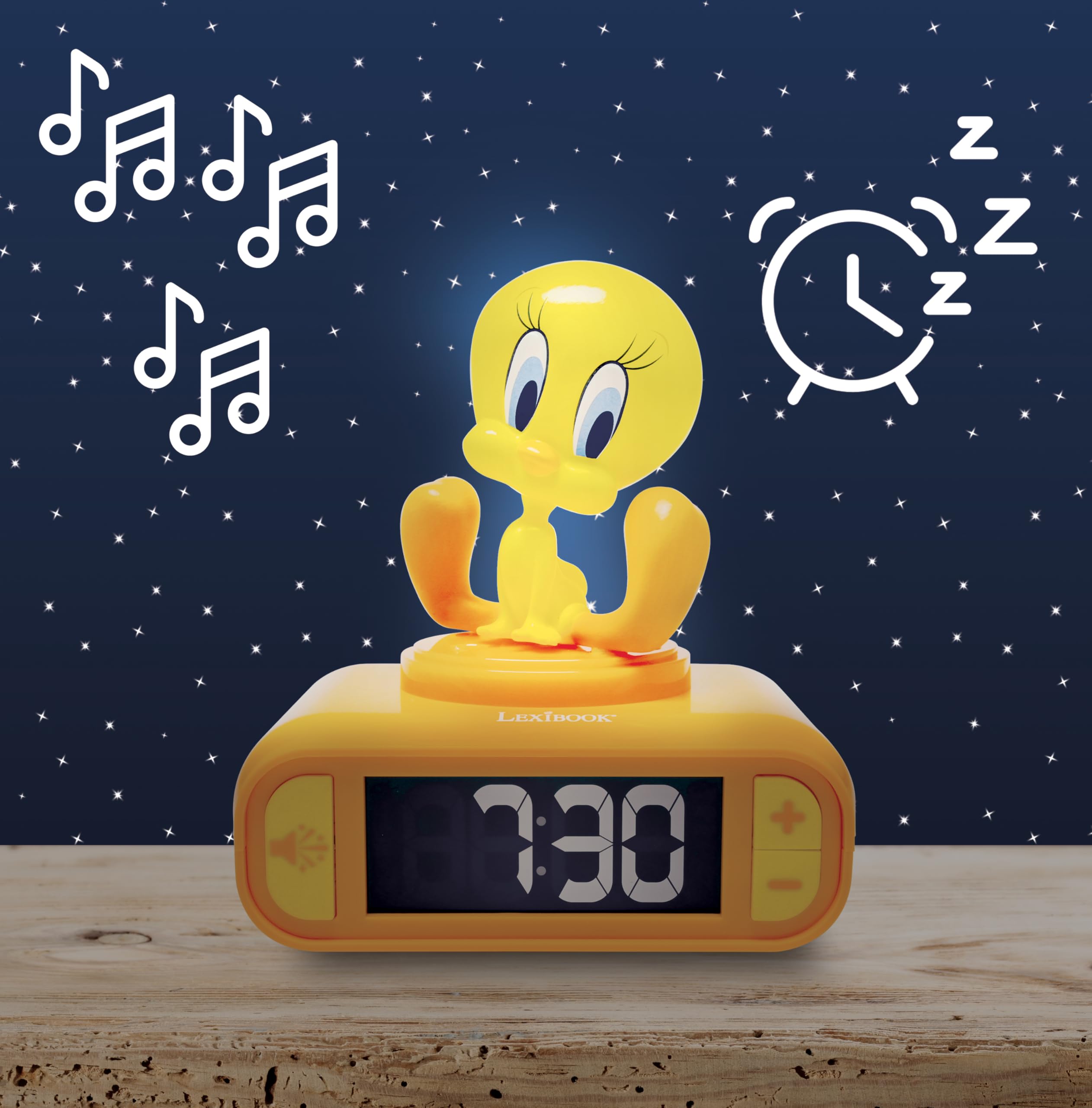 LEXiBOOK, Tweety RL800TW - Reloj Despertador con luz Nocturna, Sonidos y melodías, Pantalla LCD retroiluminada, repetición, Color Amarillo