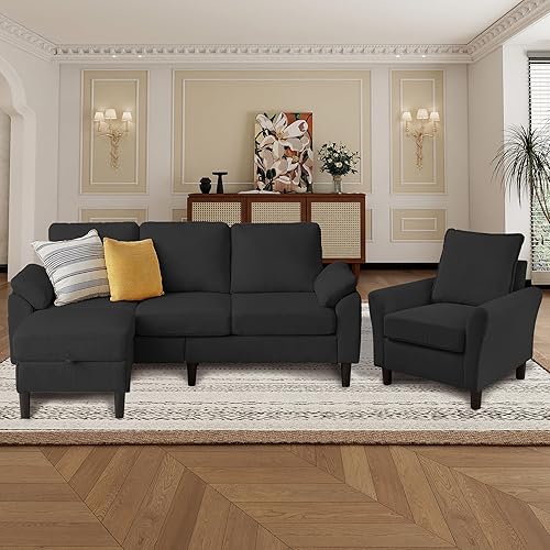 Miniatura 14 de Juego de sofá de pana de 3 piezas para sala de estar con sofá, otomana de almacenamiento y silla individual Gris oscuro,Beige,Negro,Verde,Gris