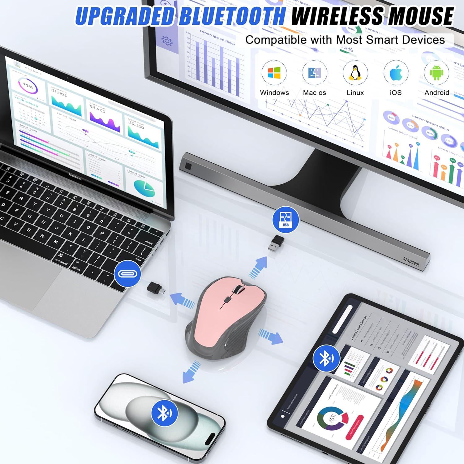 Bluetooth Wireless Mouse for Mac MacBook Air iPad Pro PC, Ergonomic Rechargeable Computer Mouse with Jiggler Mode, 3 DPI Levels & Forward/Back Buttons Laptop Mice for Office/Home/School, Pink