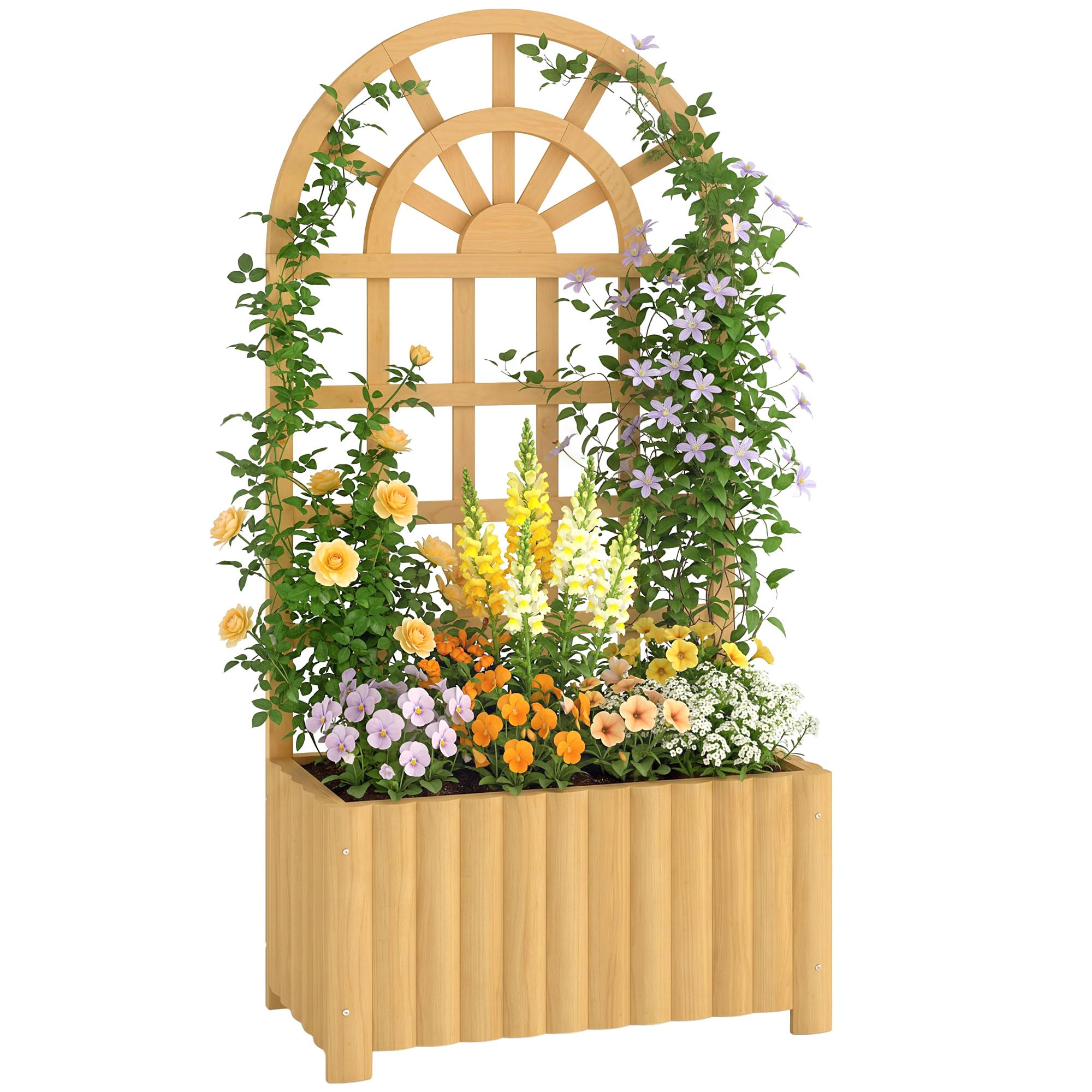 Outsunny Fioriera con griglia in legno, grande fioriera da esterno per piante rampicanti, con fori di drenaggio, vaso rialzato per giardino, patio, terrazza, 60x30x120 cm, naturale