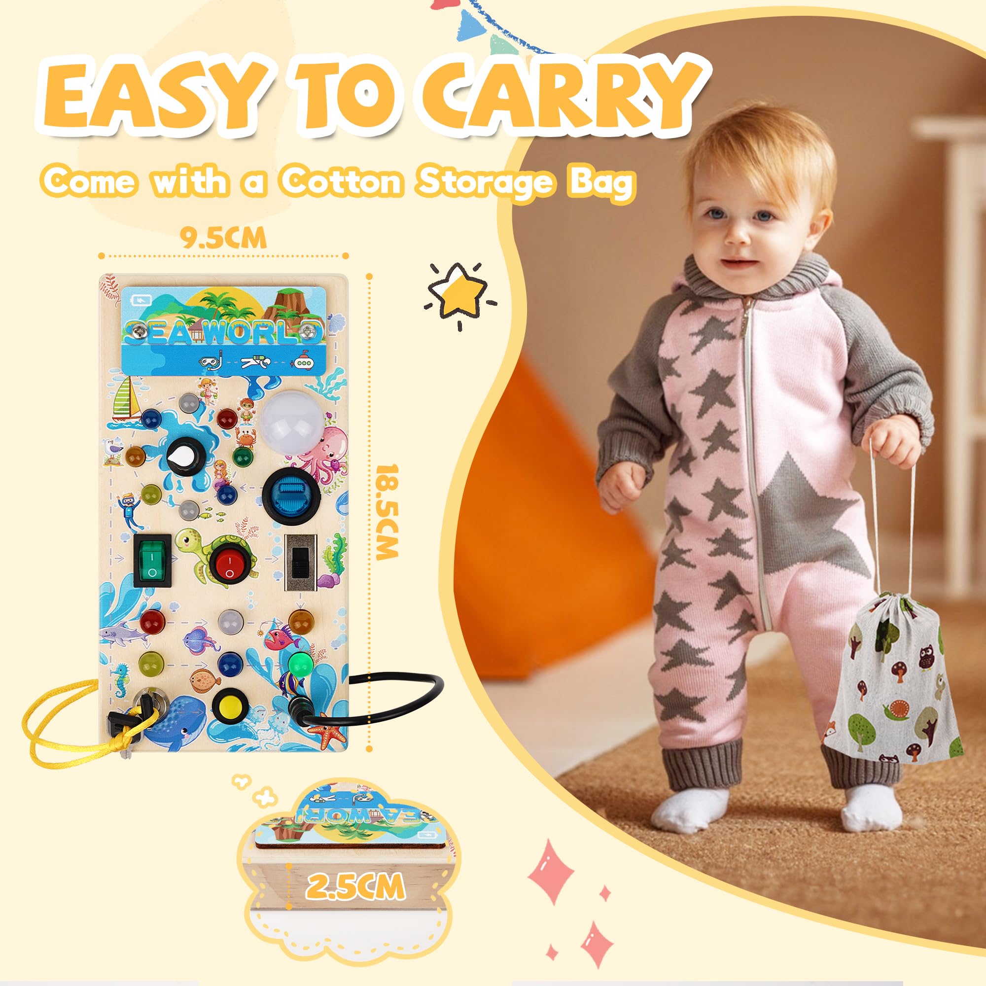 MQVXT Montessori Busy Board - Houten spelletjes voor kinderen,LED Busy Board Baby met 7 schakelaars,14 LED-lampjes,6 muziek voor baby's en jonge kinderen Zintuiglijke educatie Cadeauspellen 1 2 3 jaar
