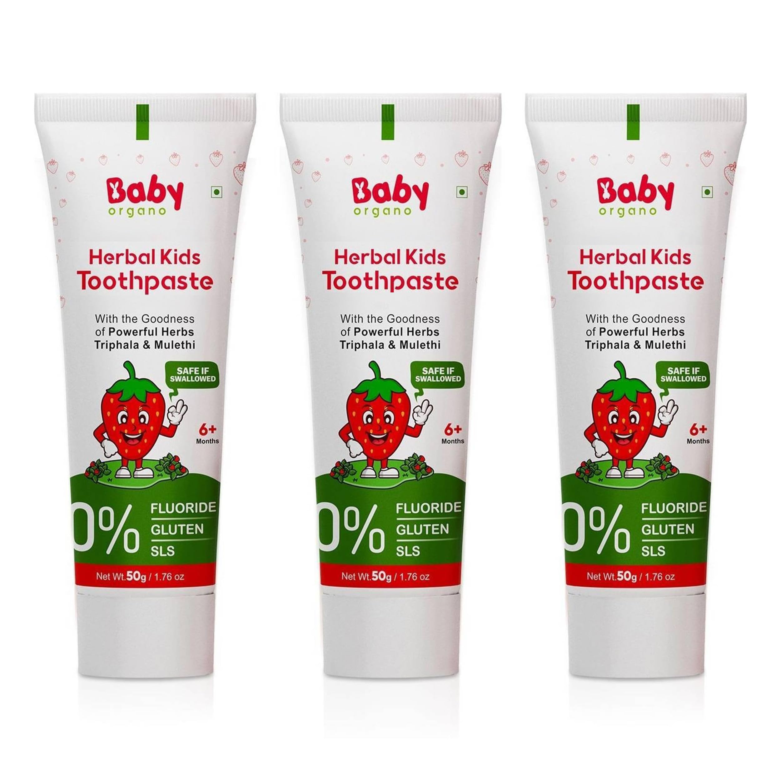 babyorgano herbal toothpaste for kids l 100% ayurvedic l non gel formula l goodness of babool and mulethi l strawberry l fluoride & sls free l fdca approved - 50gm (pack of 3, cavity protection)