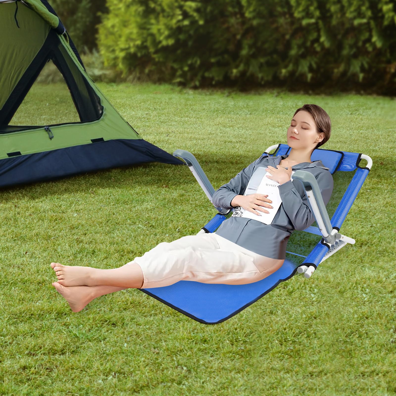 Respaldo ajustable en altura para cama, 5 niveles de inclinación (20°-75°), soporte plegable para cama de hasta 90 kg, con reposacabezas y red transpirable, incluye venda para los ojos