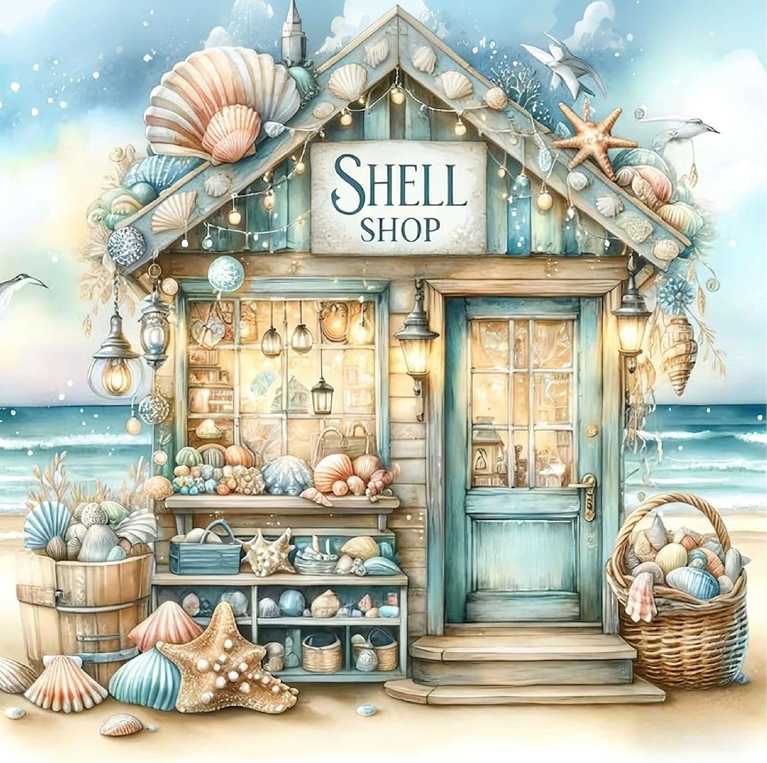 VIGEGU Beach Diamond Art Kits for Adults Beginners,Shell Shop Diamond Painting Kits for Adults,5D Full Drill DIY Diamond Dot Gem Art Kit Wall Home Decor Arts Craft 14x14 inch