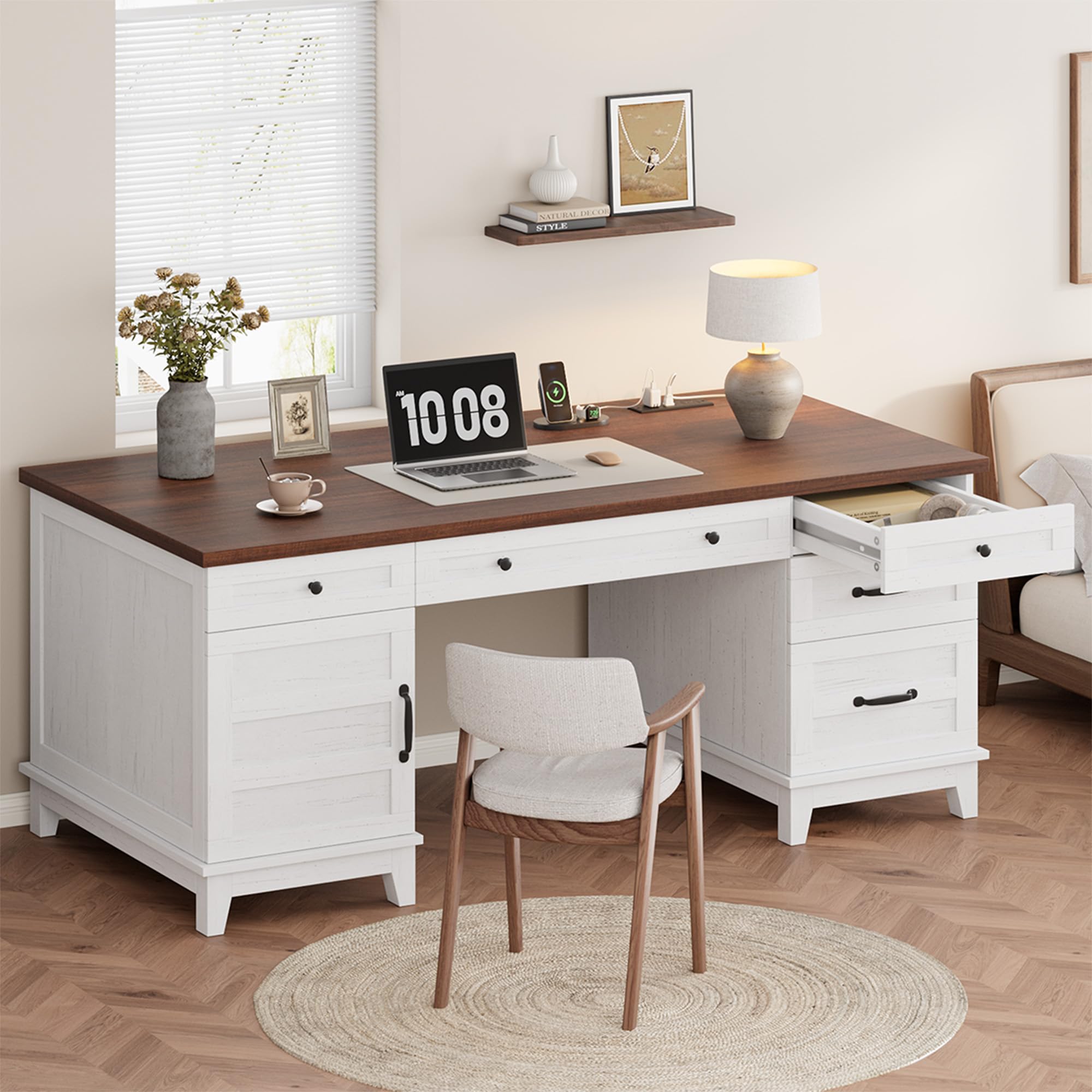 Photo 1 of ***PARTIAL SET SEE NOTES AND PICTURES***
Garvee 60" Wooden Home Office Desk with File Drawers, Executive Desk with Adjustable Cabinet, Farmhouse Wood Desk with Power Outlet, Distressed Study and Work Table, Rustic White