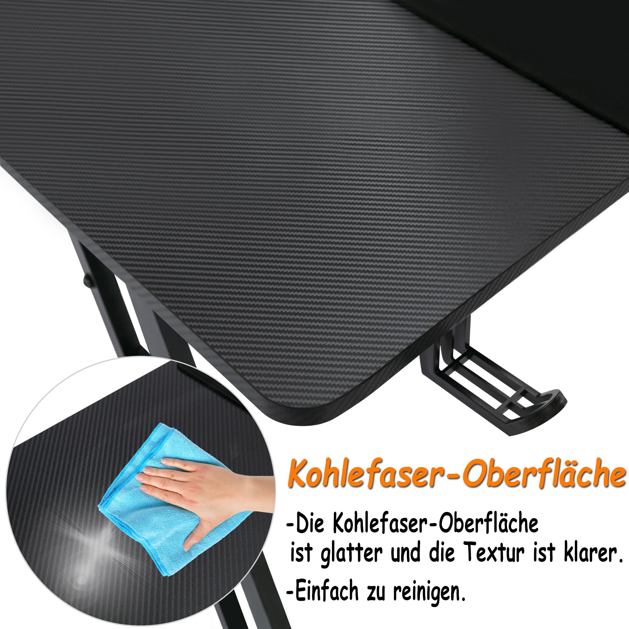 Suusonly Gaming Tisch Profi, 160x60cm Bürotisch & Computertisch mit Getränkehalter, Ergonomischer PC Schreibtisch Gaming, Höhenverstellbarer Schreibtisch Gaming für Gamer, Schwarz -ohne LED