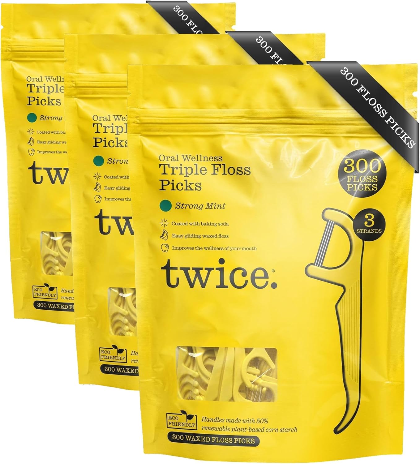 Twice 3-Strand Floss Picks – Dual Action Flosser & Toothpick, Wax-Coated Floss & Eco-Friendly Cornstarch Handles, Vegan, Shred Resistant, Strong Mint, 300 Ct (Pack of 3)