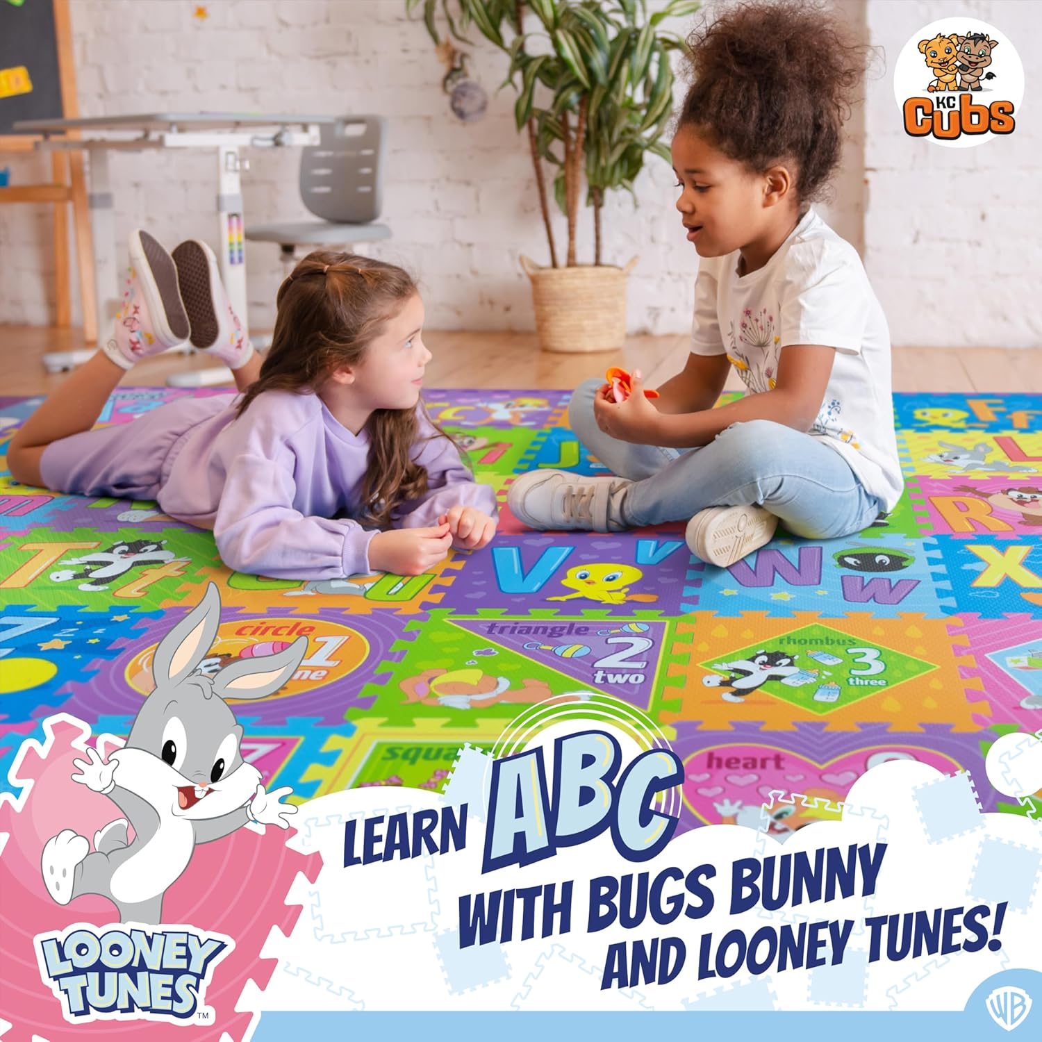 Looney Tunes ABC, Numbers & Shapes EVA Foam Puzzle Mat Non-Toxic Play Mat for Tummy Time, Kids Preschool & Nursery - 36 Tiles, 12x12”, 24 Borders - Educational Playmat for Toddlers & Children, KC Cubs