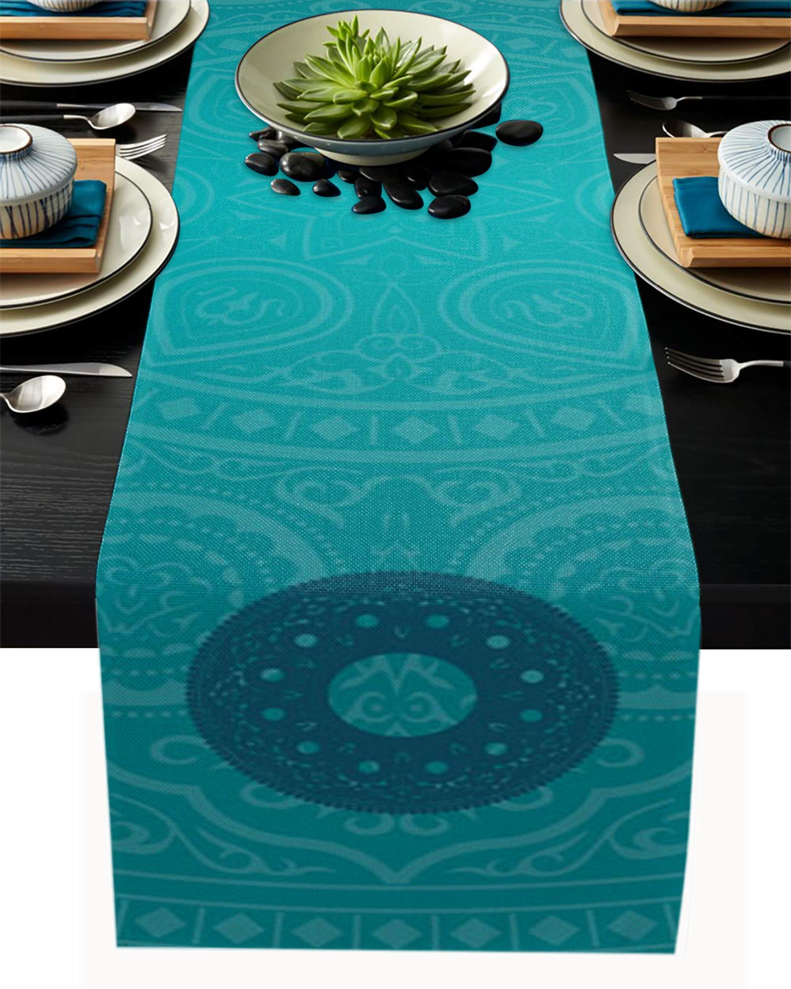 Cotton Linen Table Runner 72inches Long,Bohemian Mandala Floral,Burlap Table Cloth Dresser Scarves for Farmhouse Dining Room/Holiday/Party/Wedding/Events,South Asian Teal Flower,Machine Washable