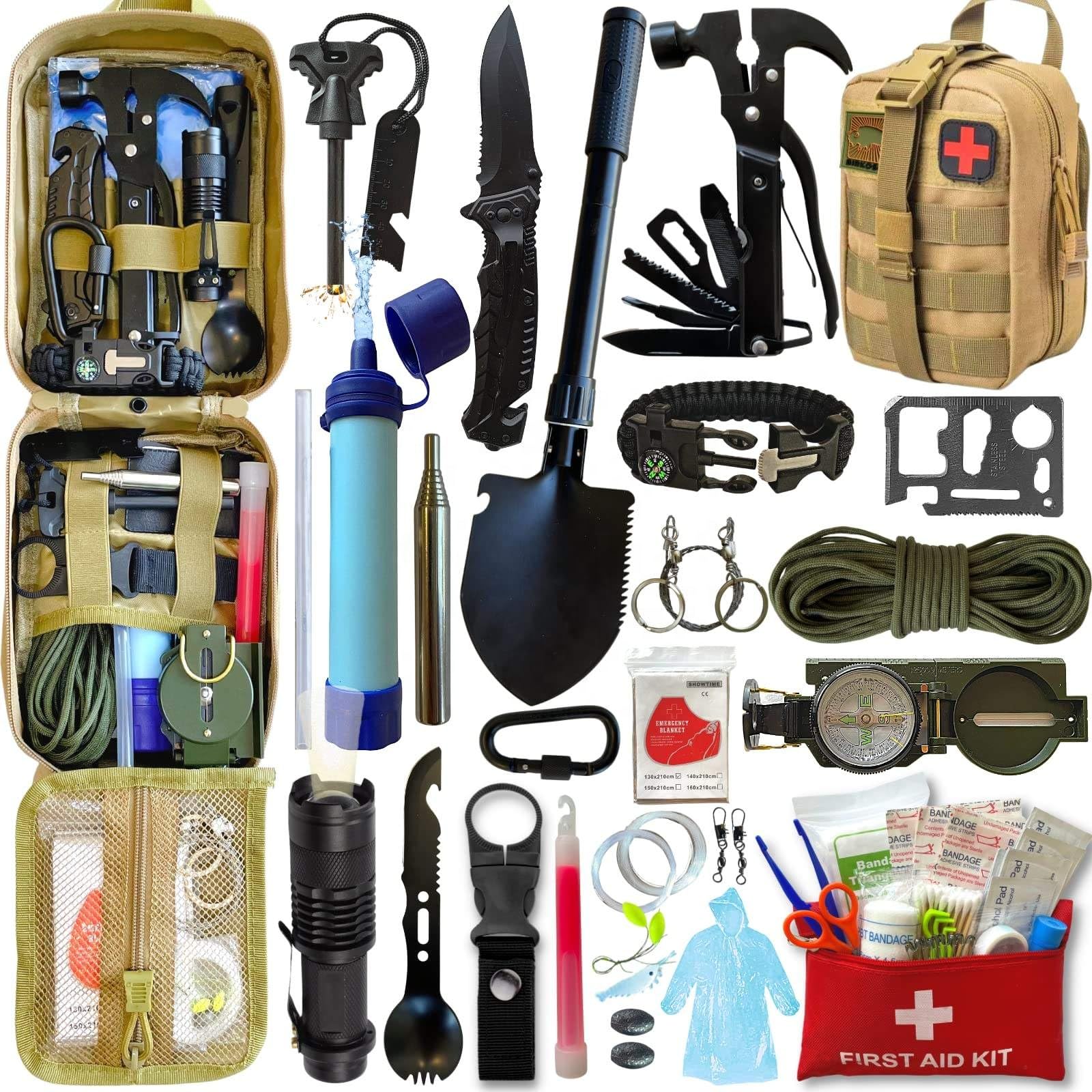 Survival Pro Outdoor Notfallausrüstung Set, Taktischer Rucksack mit Erste-Hilfe-Kit, Paracord, Angelset, Multitool-Karte, Faltbare Schaufel, Khaki, 262-teilig