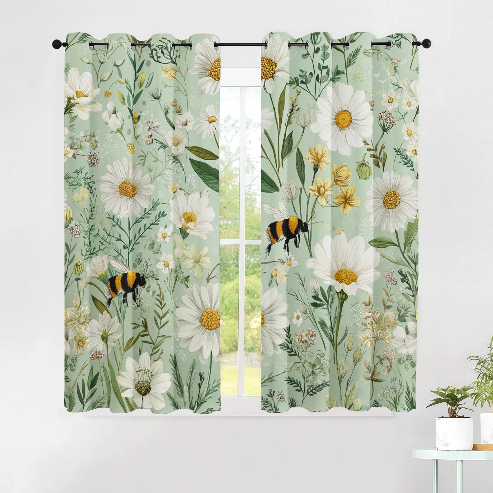Générique Rideau Marguerite Abeille Rideaux Chambre Salon Fleur Vintage Rideau Occultant Thermique Isolant Anti-Chaleur Phonique Lot de 2 Rideaux à Oeillets 140x260 cm YGY38s