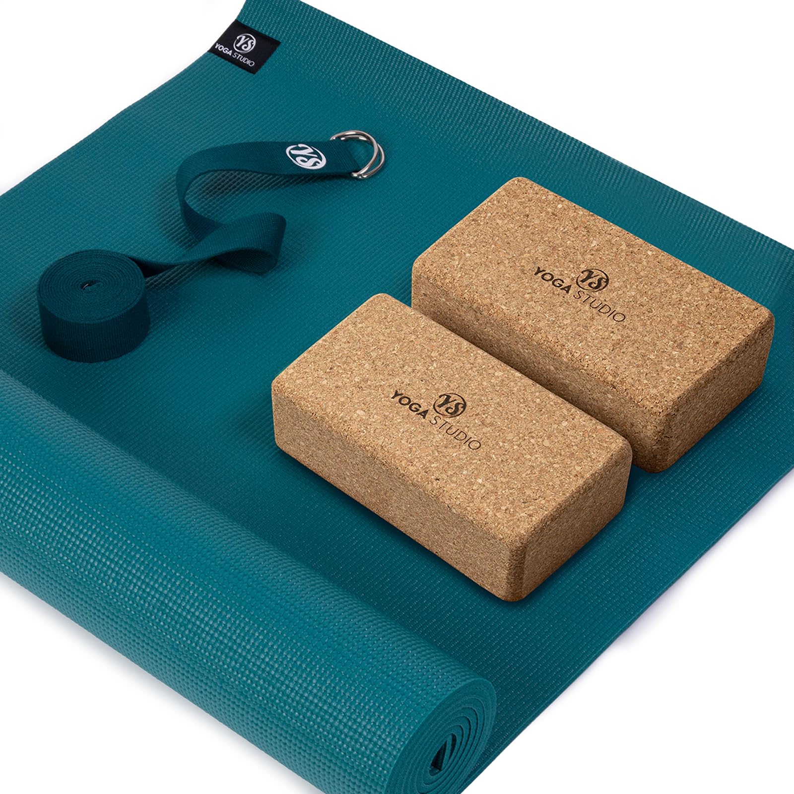 Yoga Studio Oeko-Tex Starter - Set da yoga in sughero, tappetino da yoga, 2 blocchi di sughero e cinghia per yoga, per casa, palestra, allenamento yoga
